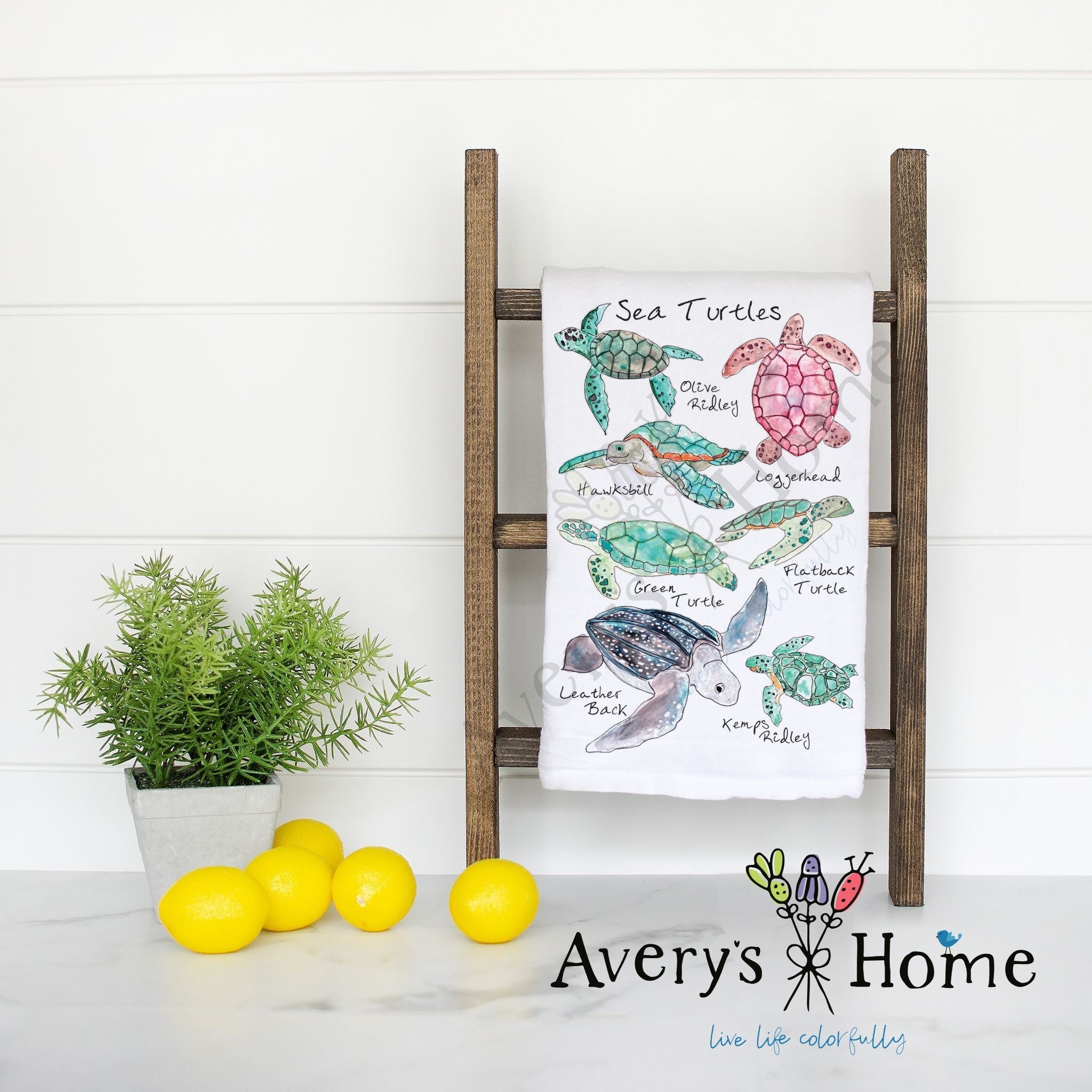 Sea Turtle Breeds flour sack dish towel, art by Avery Jackson