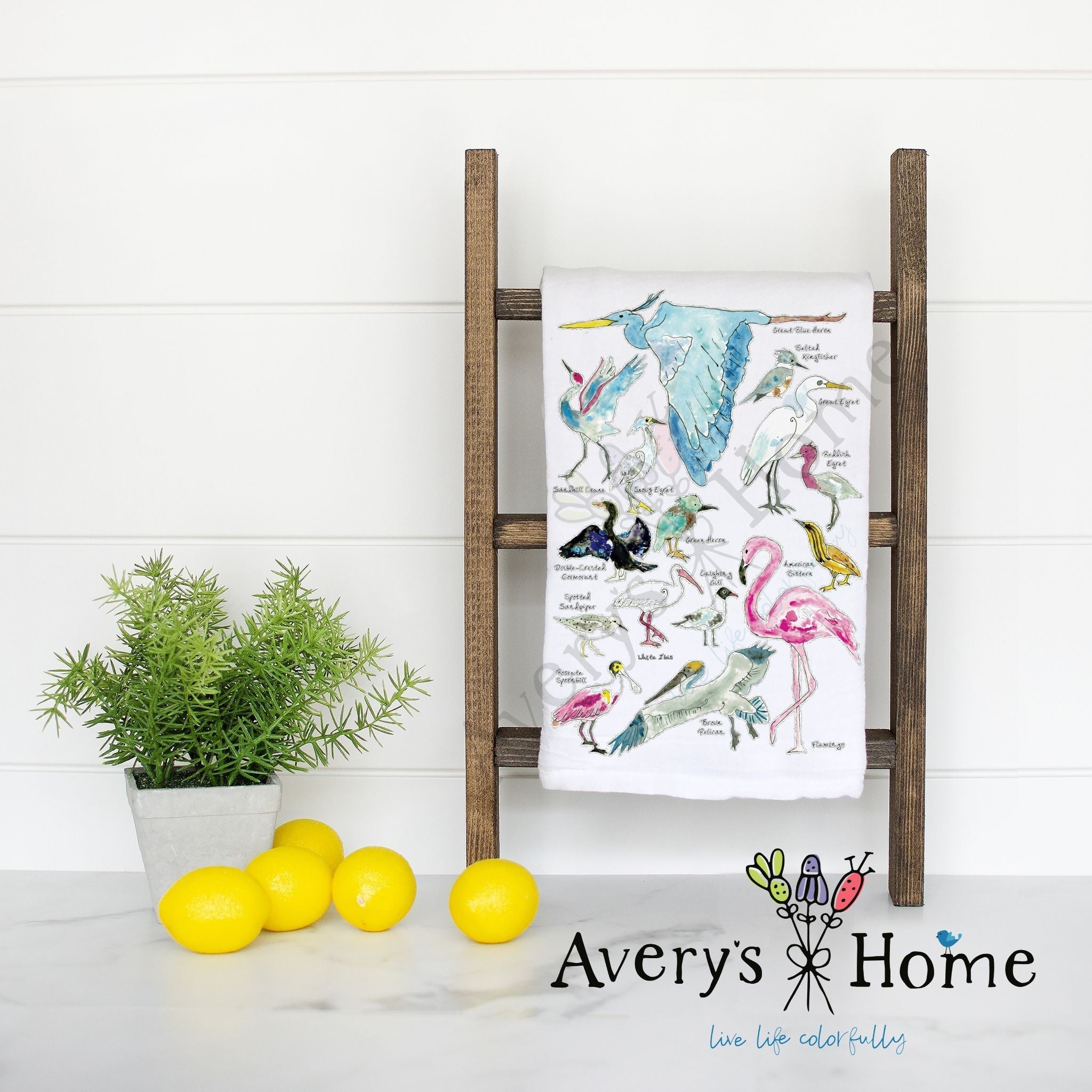 Coastal Birds flour sack dish towel, art by Avery Jackson