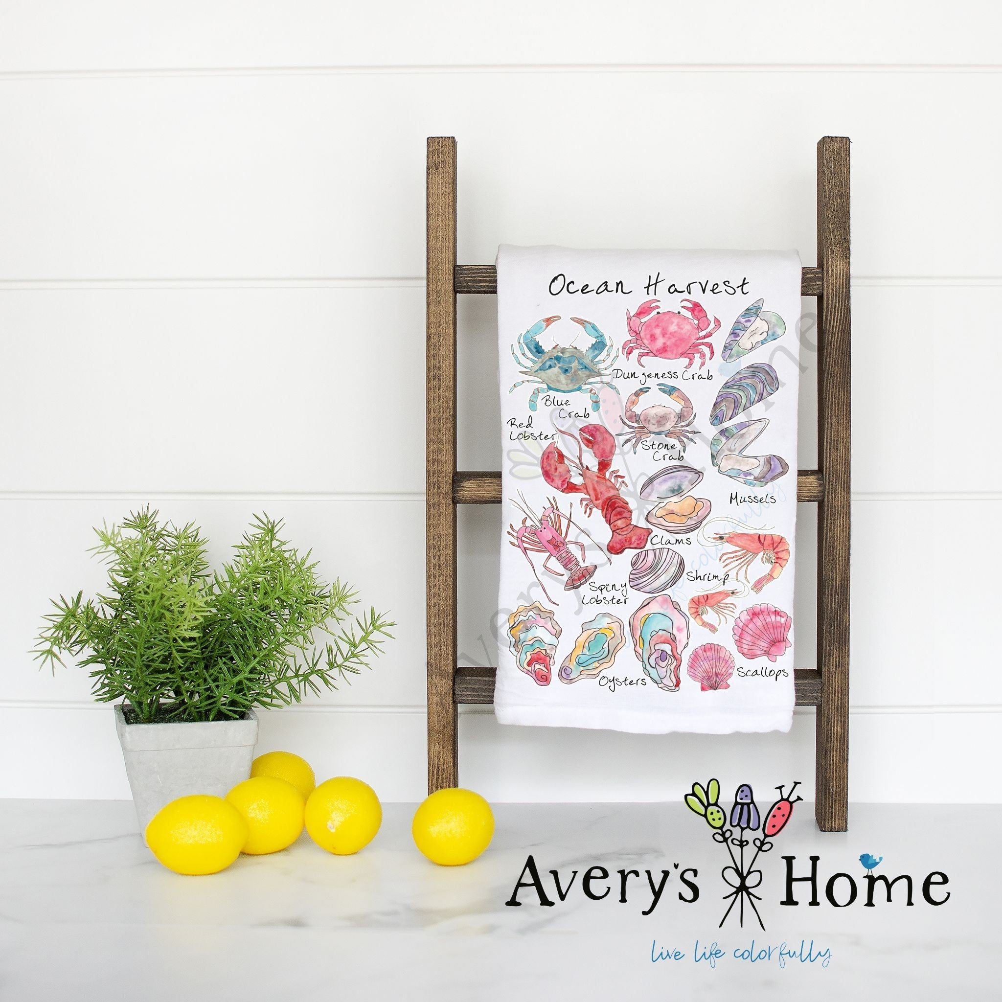 Ocean Harvest flour sack dish towel, art by Avery Jackson
