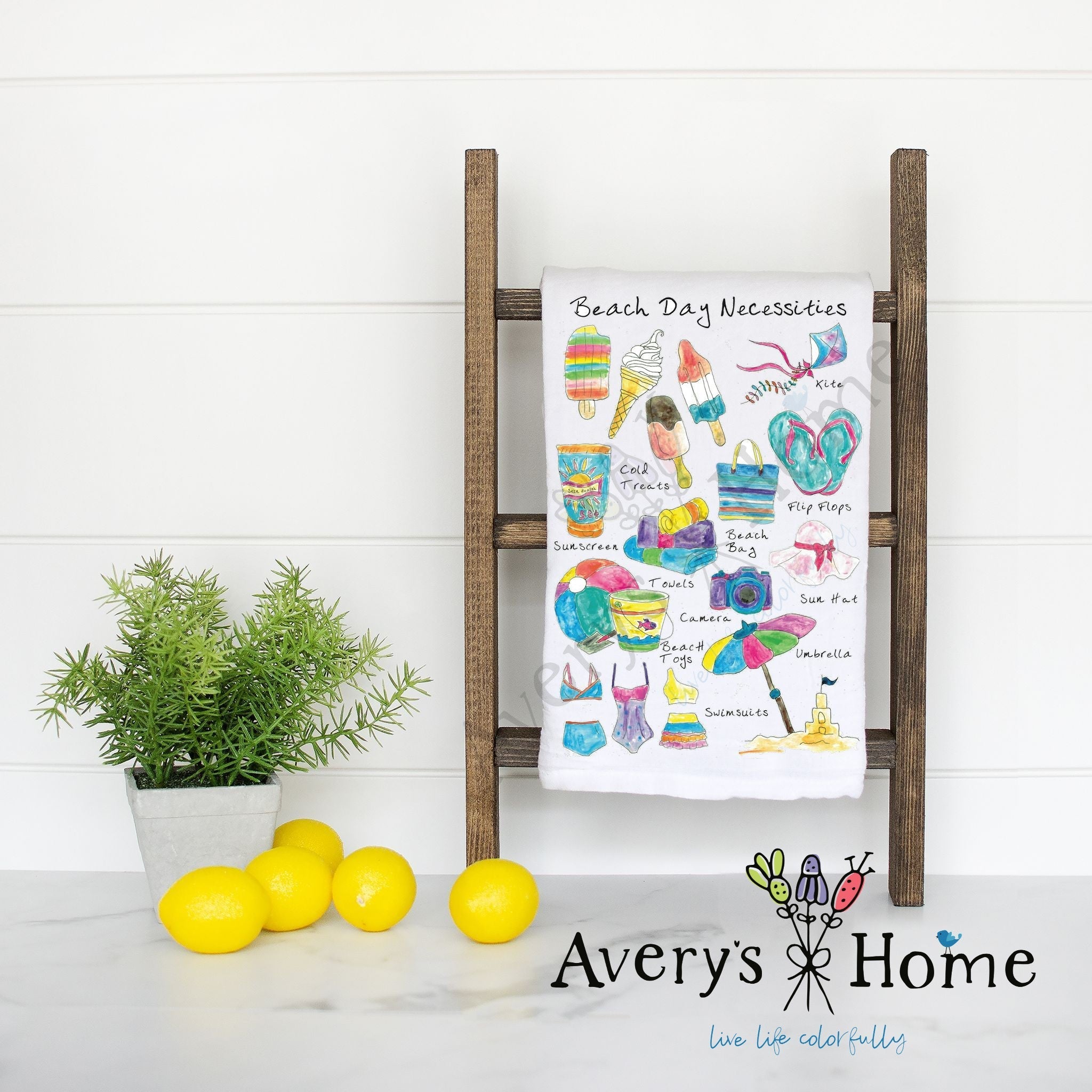 Beach Day Necessities flour sack dish towel, art by Avery Jackson