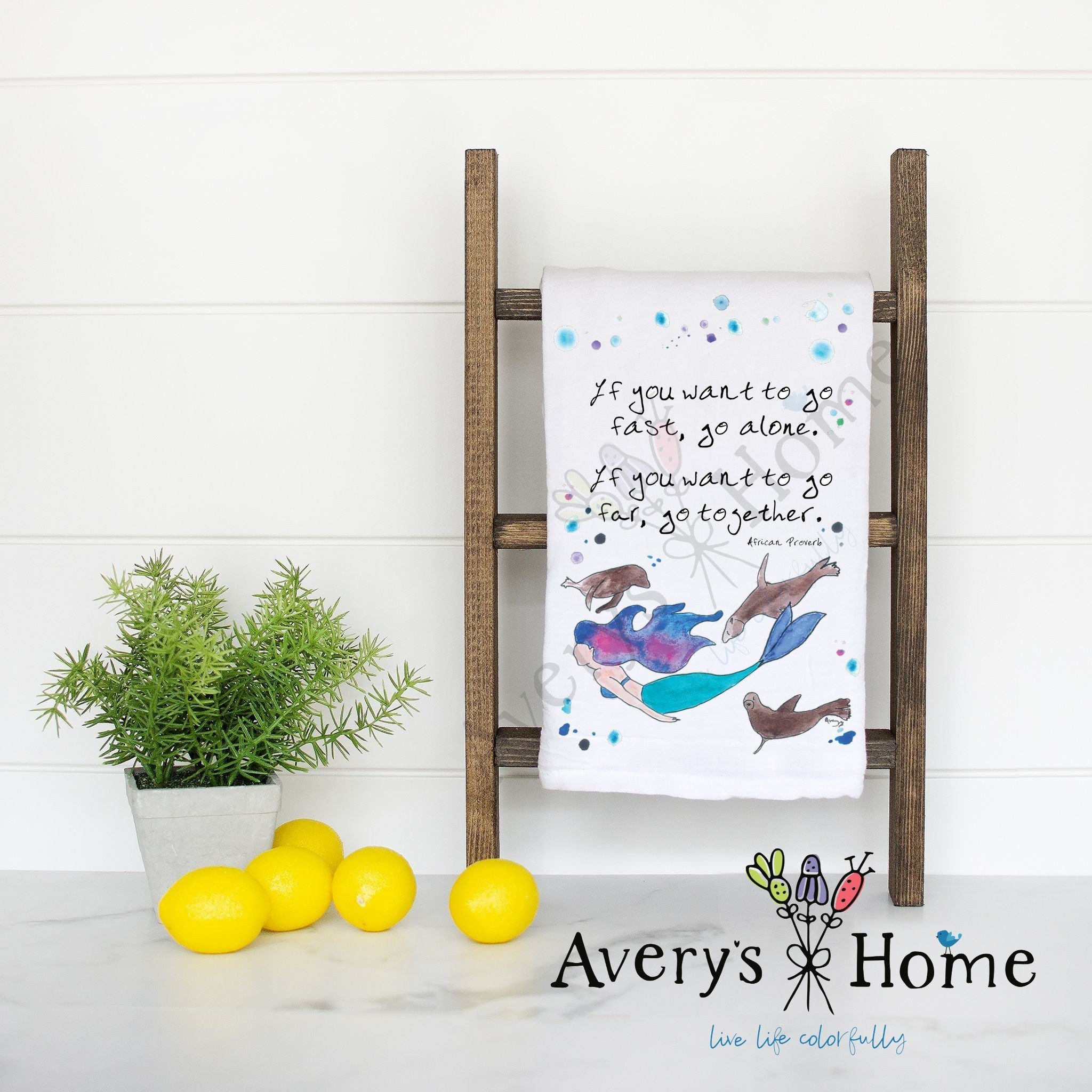 Mermaid and Seals flour sack dish towel, art by Avery Jackson