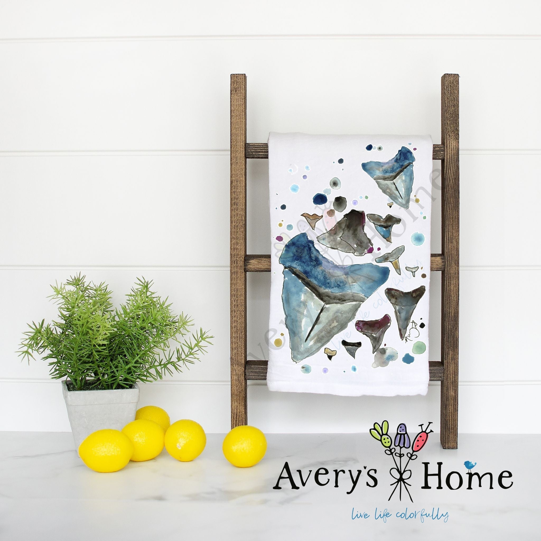 Shark Teeth flour sack dish towel, art by Avery Jackson