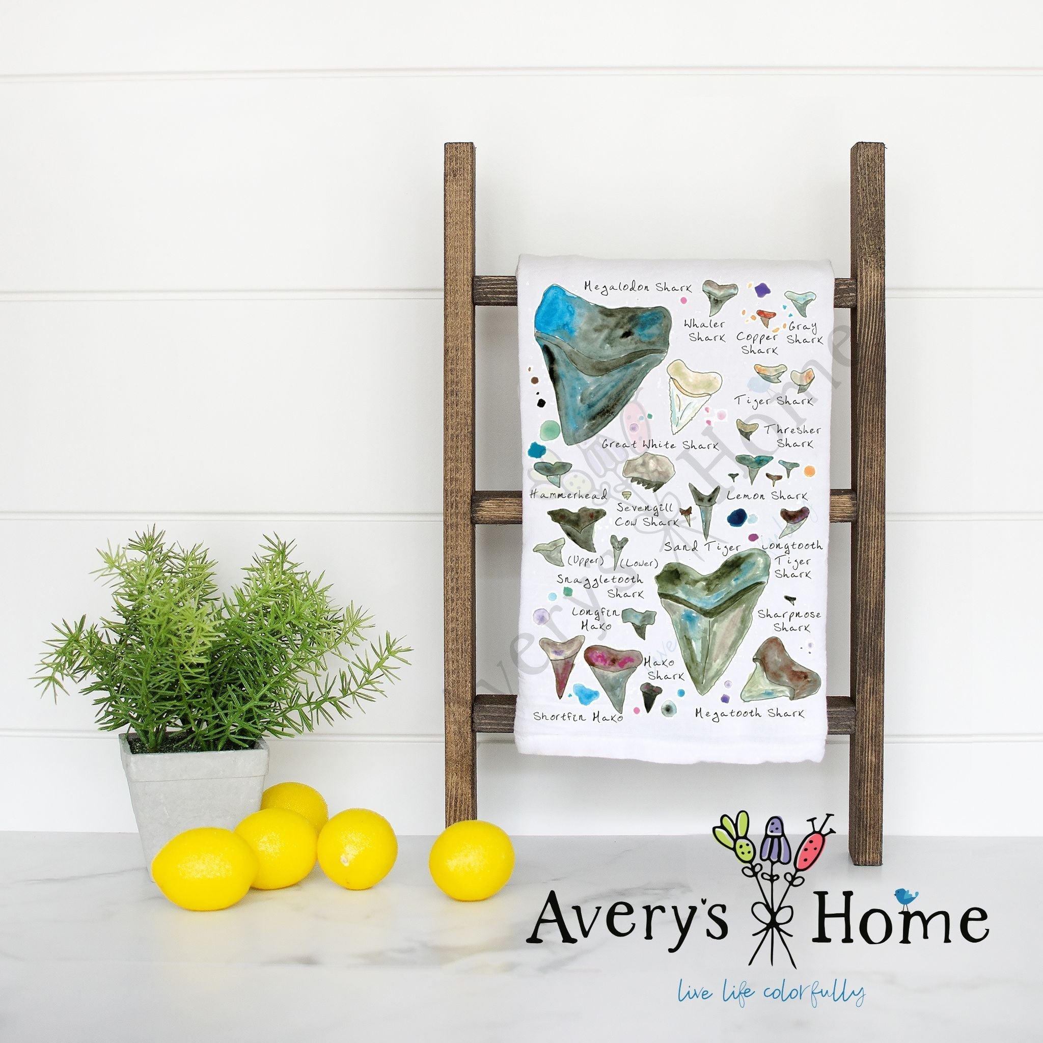 Shark Tooth Names flour sack dish towel, art by Avery Jackson