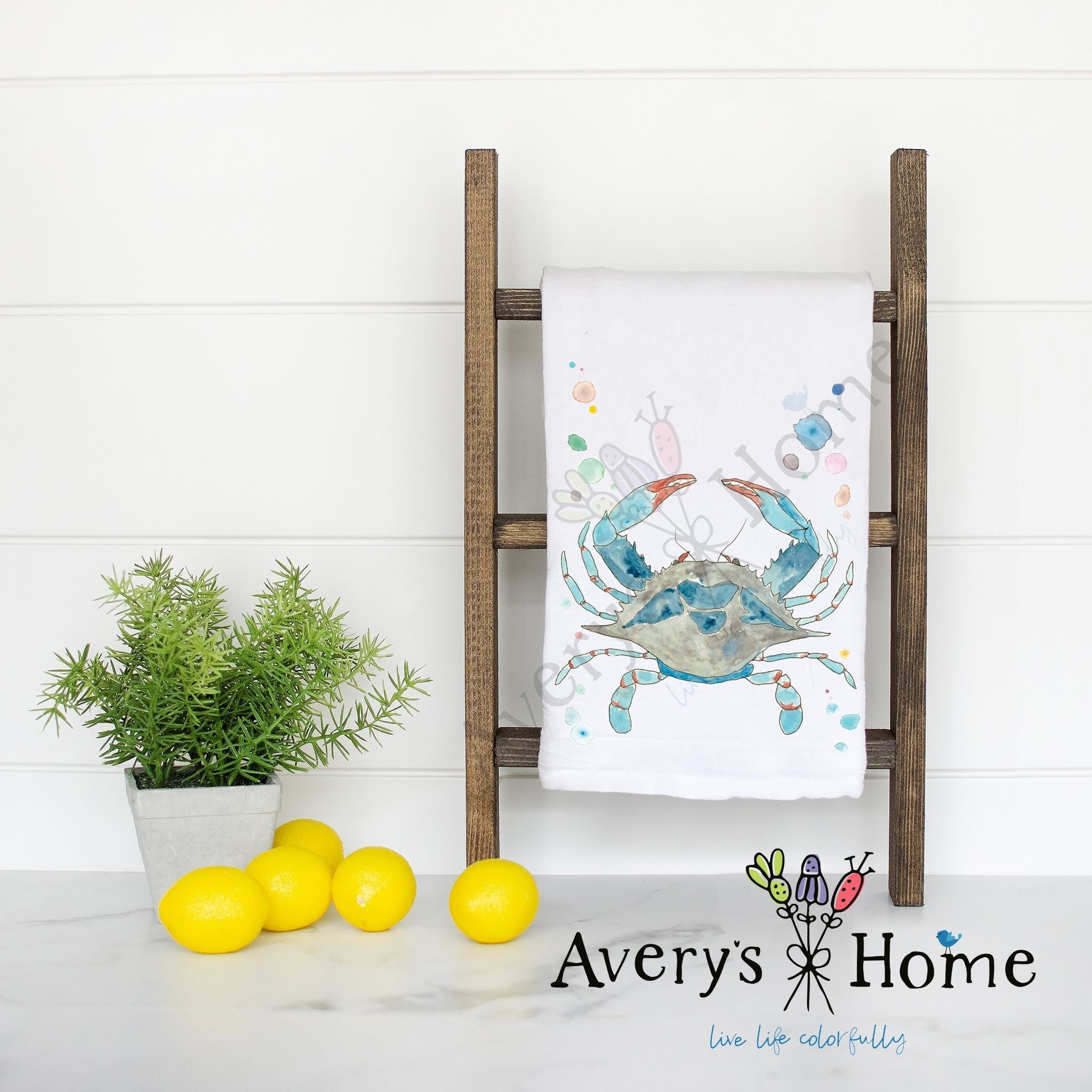 Blue Crab flour sack dish towel, art by Avery Jackson