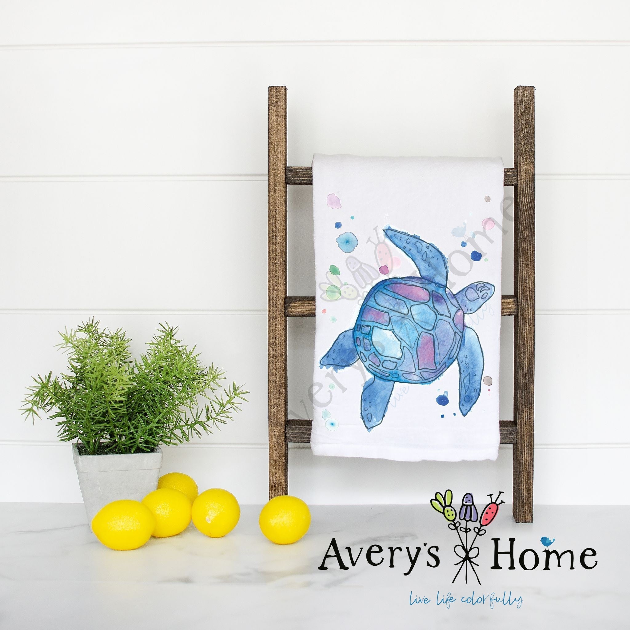 Blue Sea Turtle flour sack dish towel, art by Avery Jackson