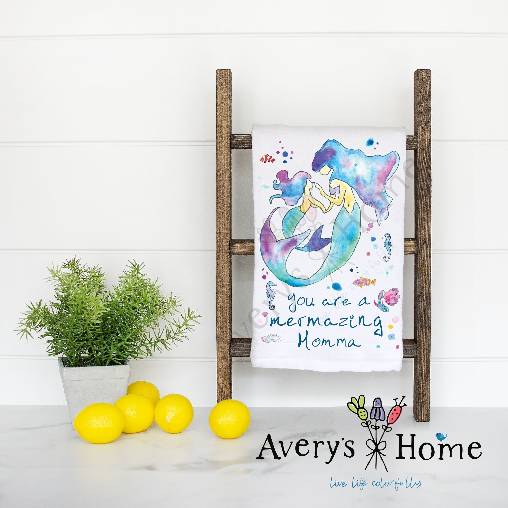 Mermazing Mermaid Momma flour sack dish towel, art by Avery Jackson
