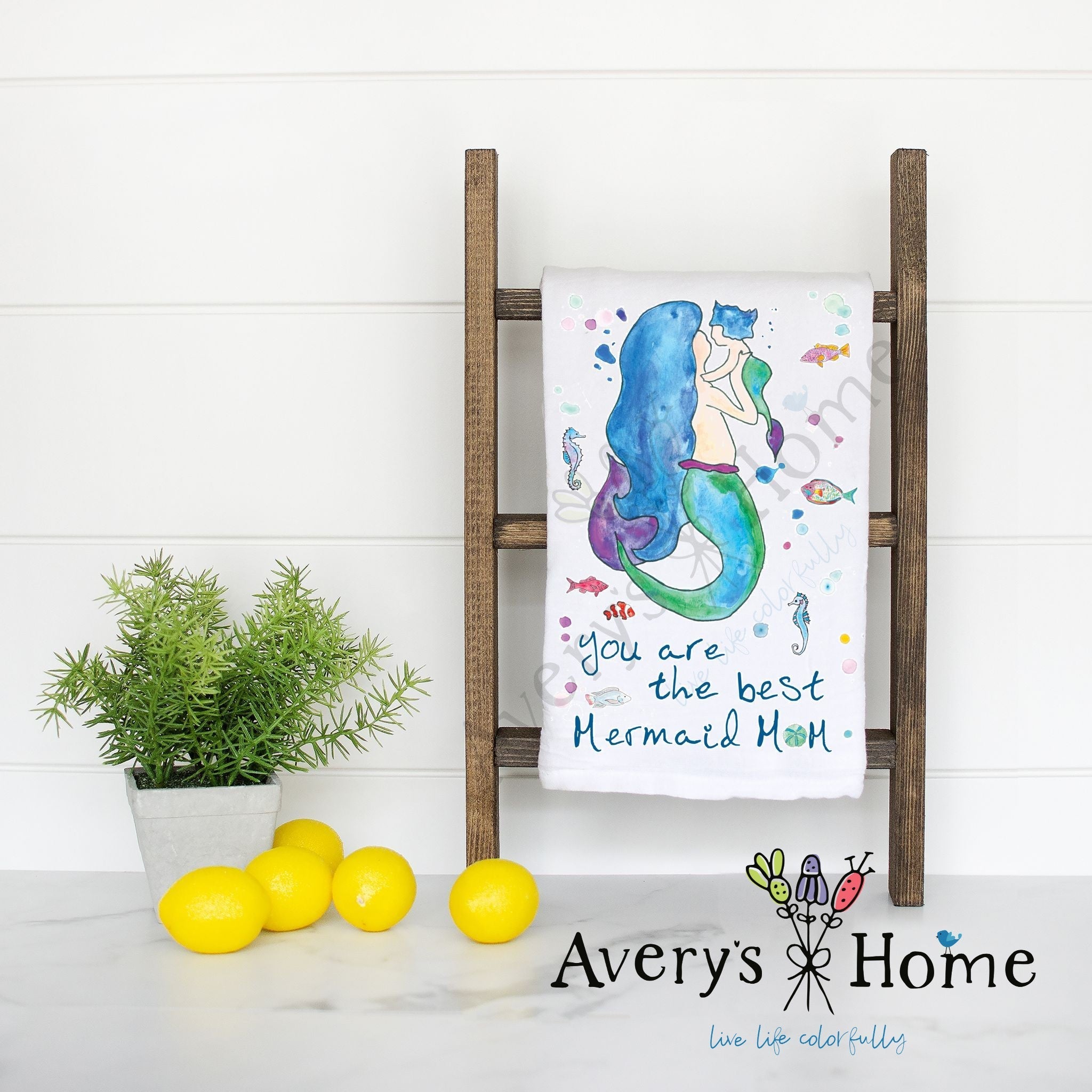 Mermaid Mom flour sack dish towel, art by Avery Jackson