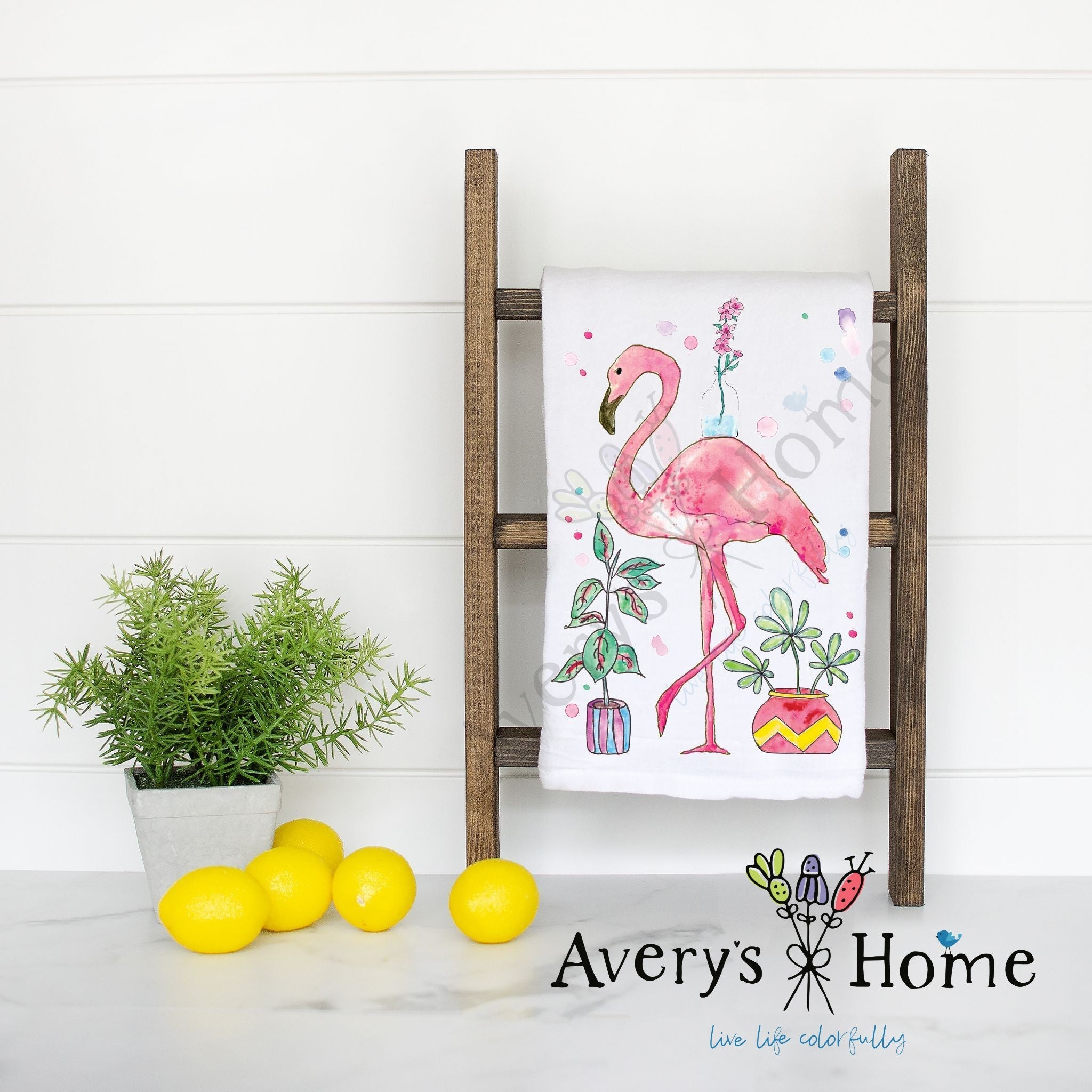 Happy Flamingo with Plants flour sack dish towel, art by Avery Jackson