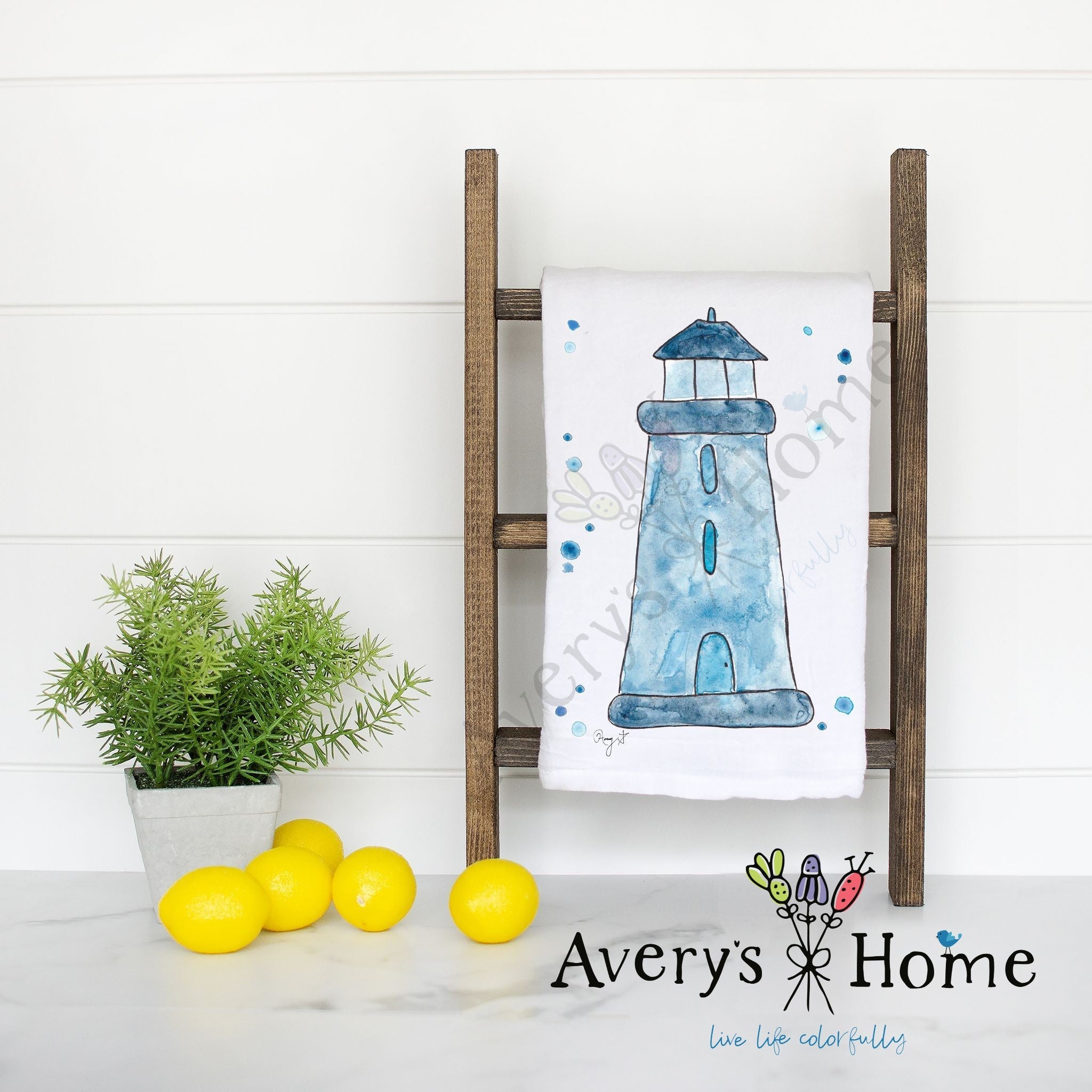 Navy Lighthouse flour sack dish towel, art by Avery Jackson