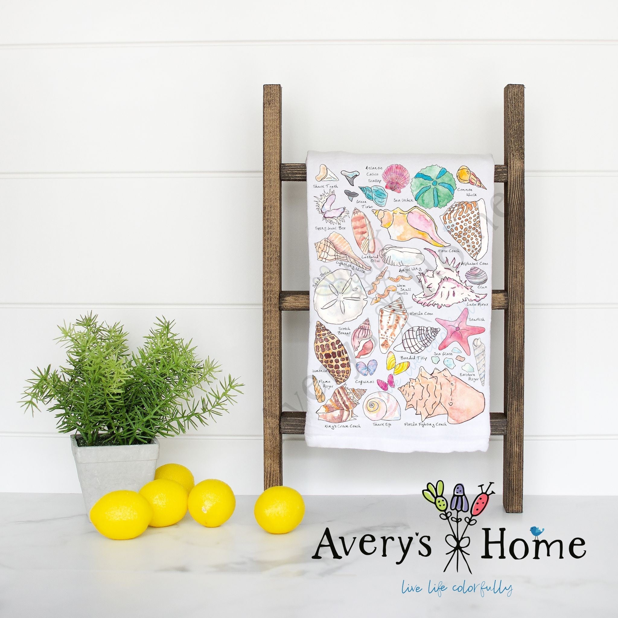 Seashell Collector flour sack dish towel, art by Avery Jackson