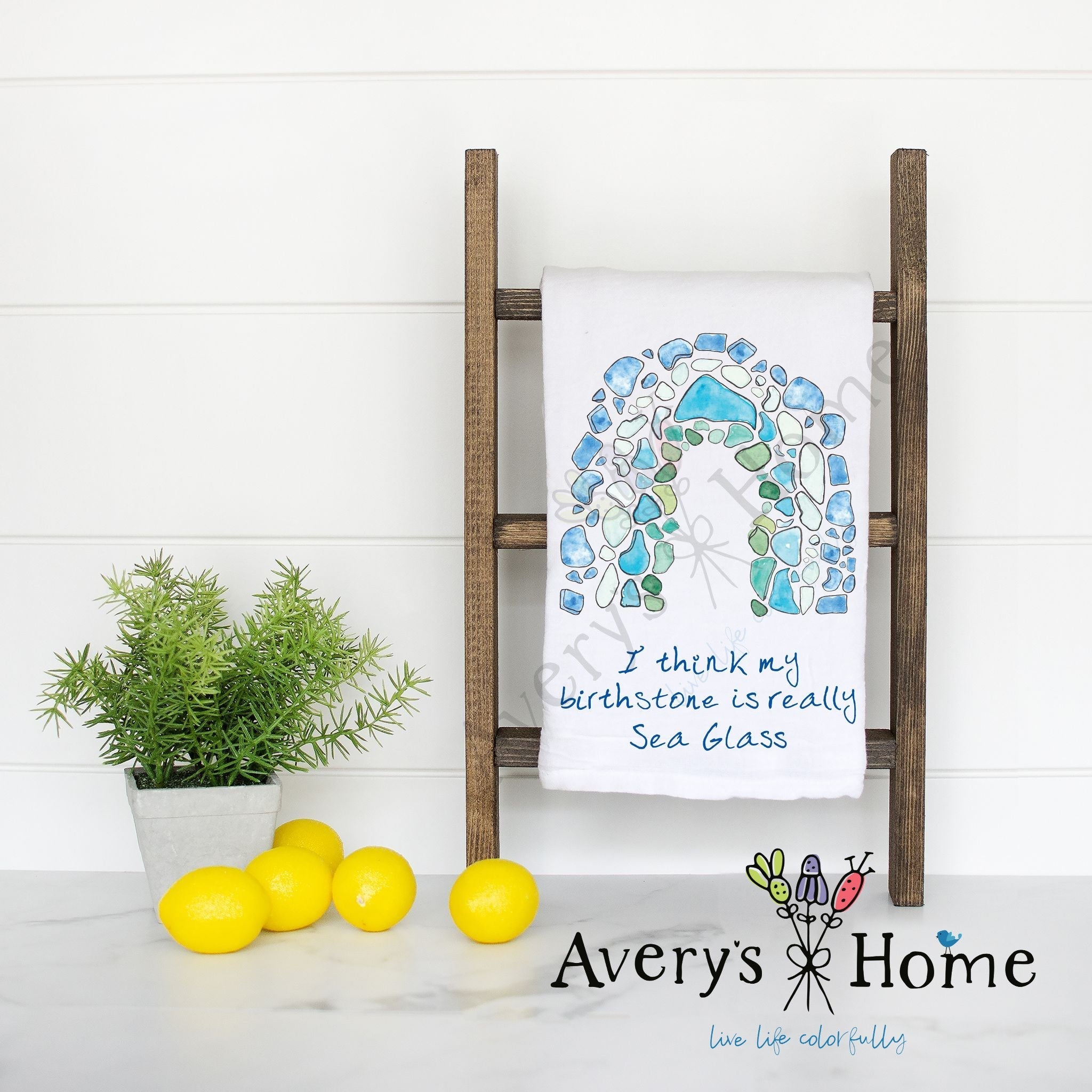 Sea Glass is My Birthstone flour sack dish towel, art by Avery Jackson
