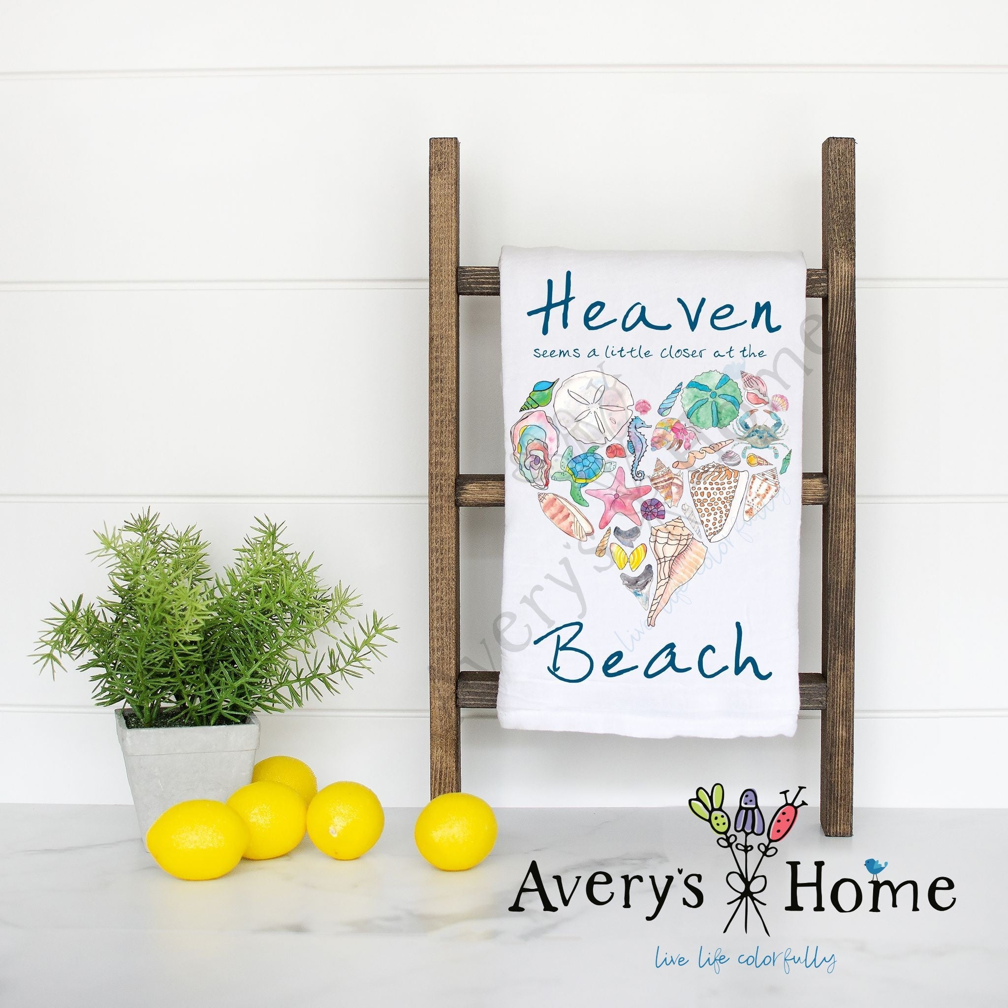 Heaven At the Beach flour sack dish towel, art by Avery Jackson