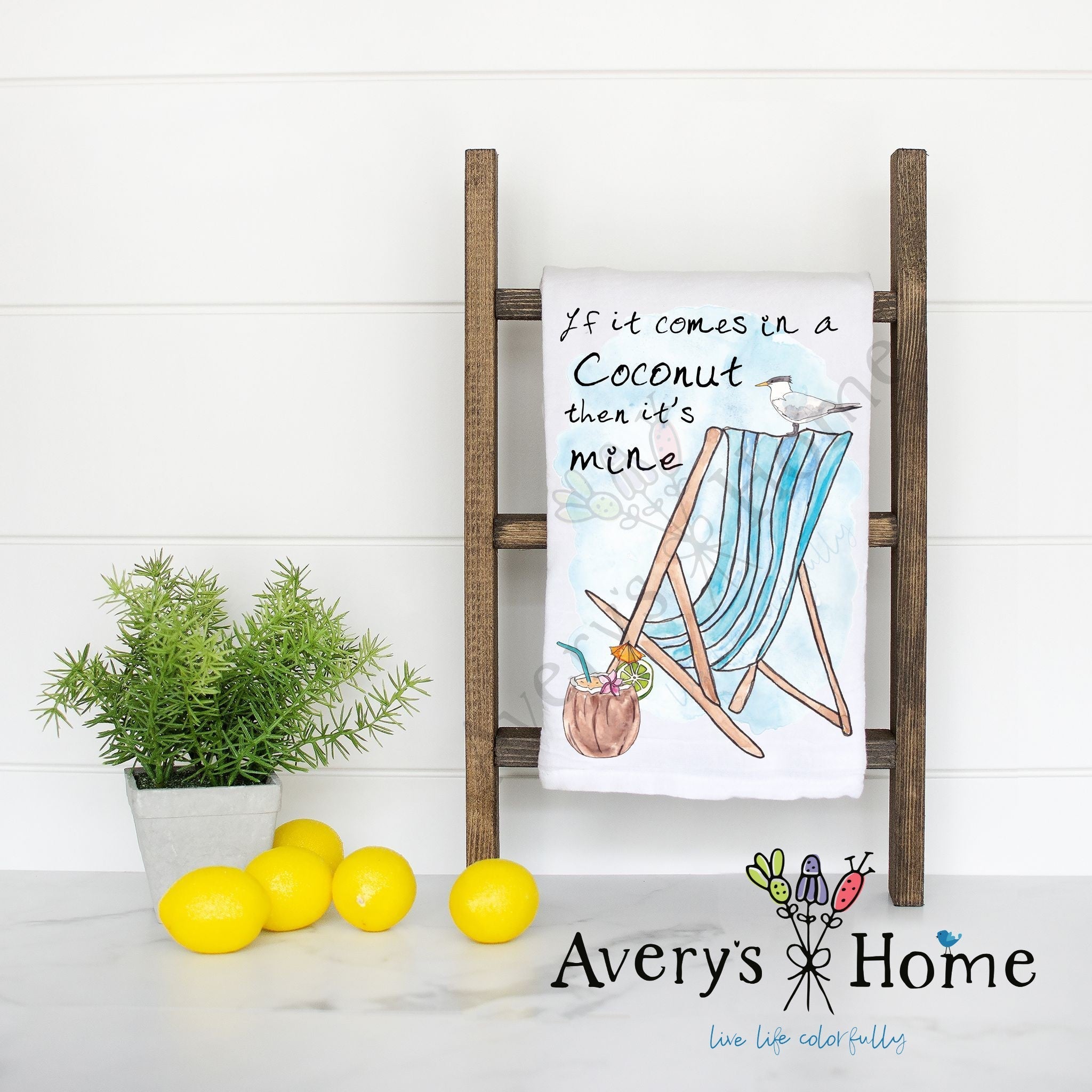 In a Coconut it's Mine flour sack dish towel, art by Avery Jackson
