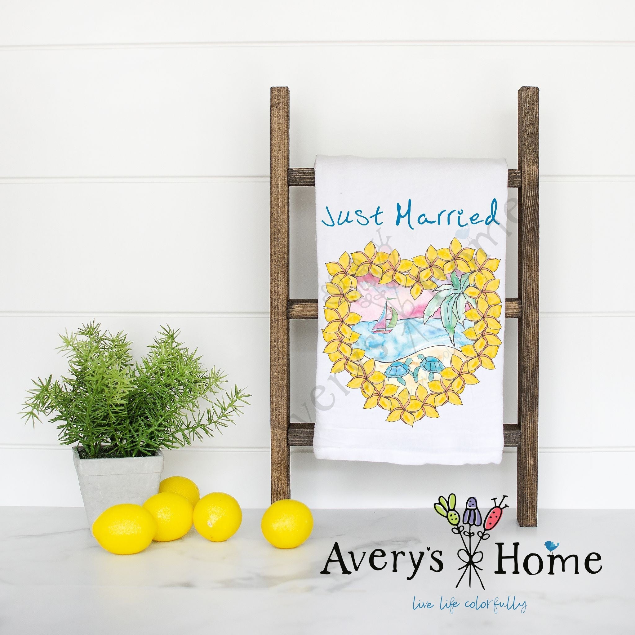 Just Married flour sack dish towel, art by Avery Jackson