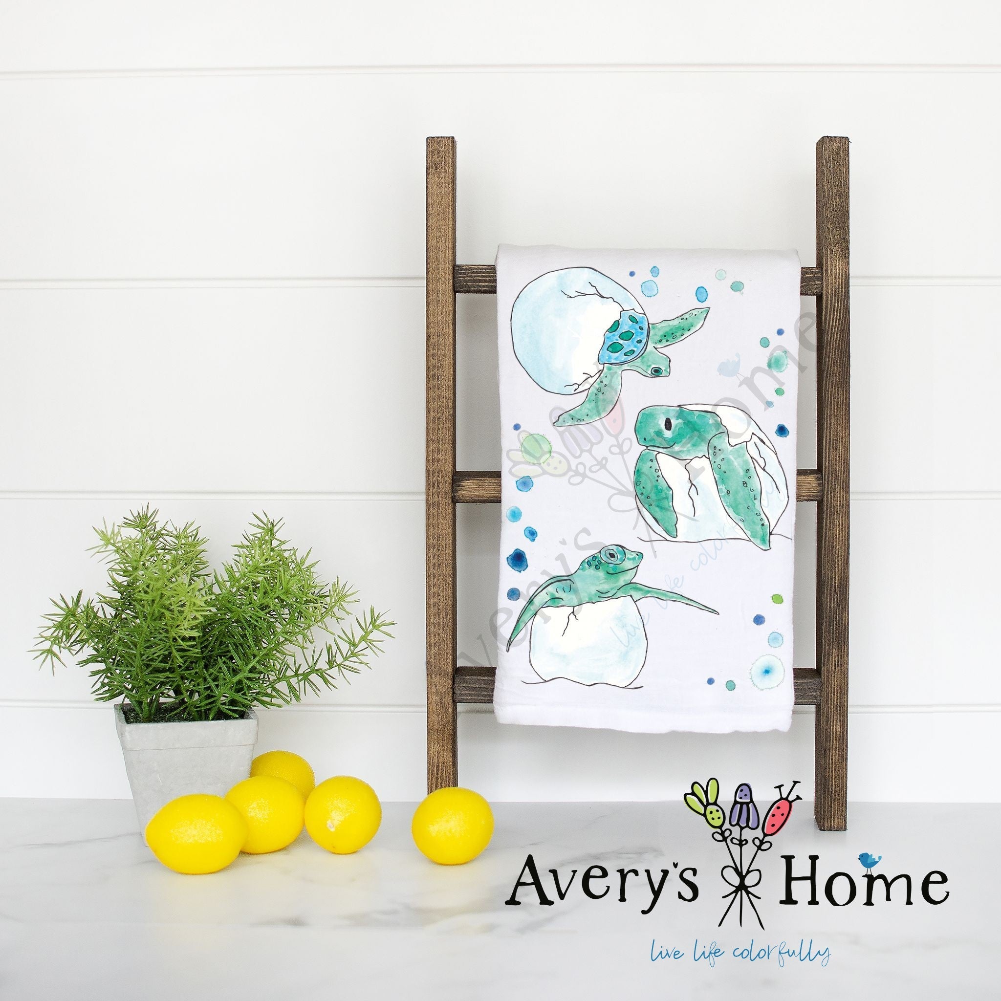 Baby Turtle Eggs flour sack dish towel, art by Avery Jackson