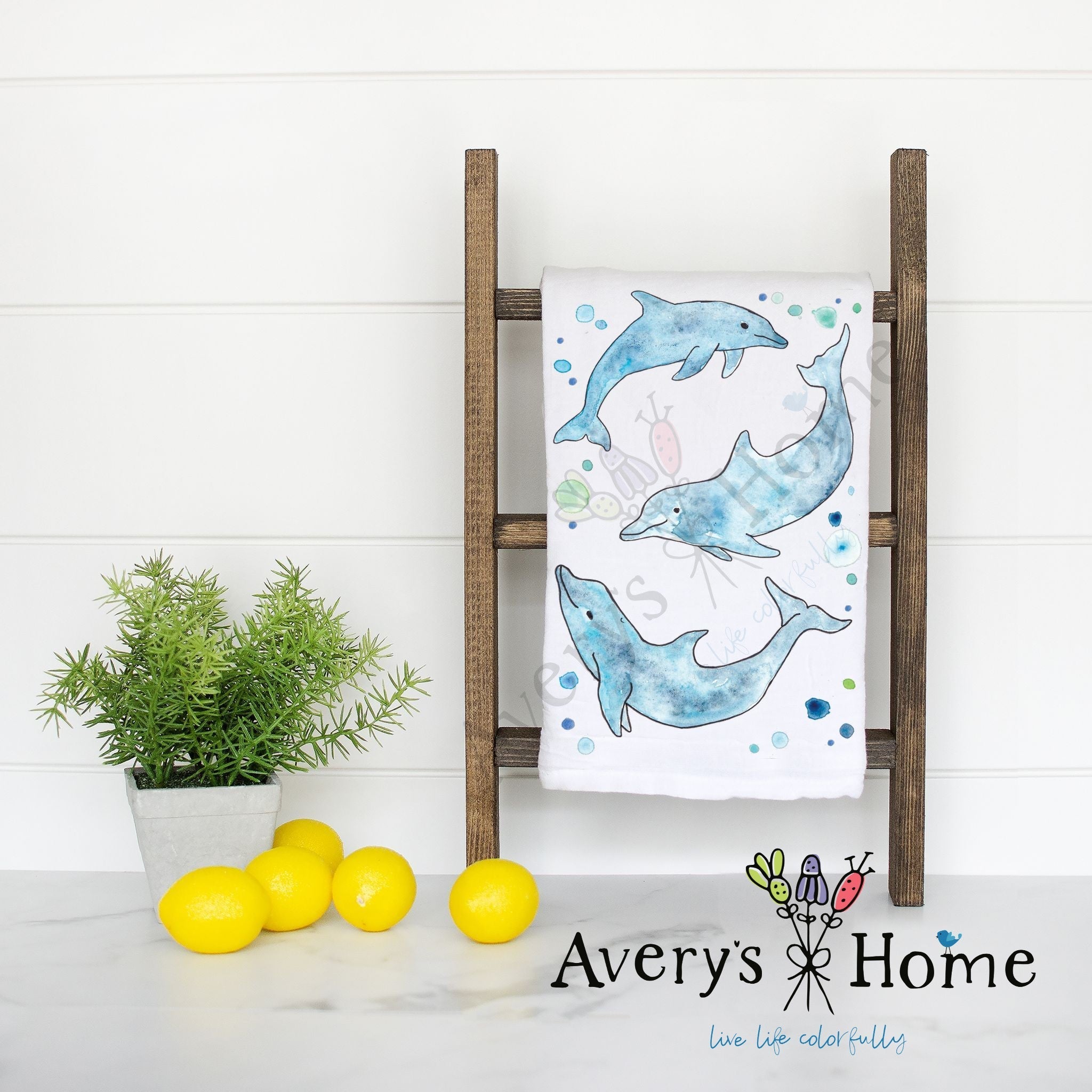 Dolphins flour sack dish towel, art by Avery Jackson