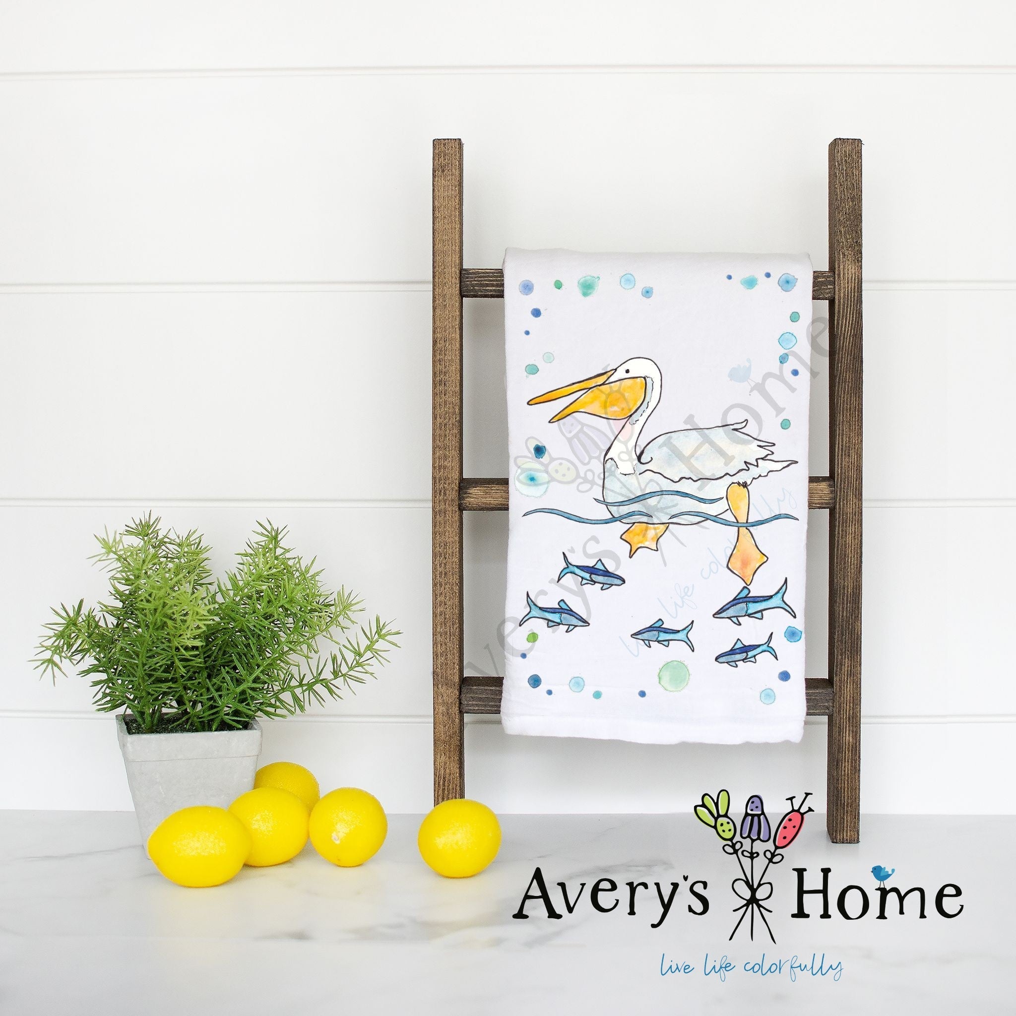 Pelican Swimming flour sack dish towel, art by Avery Jackson