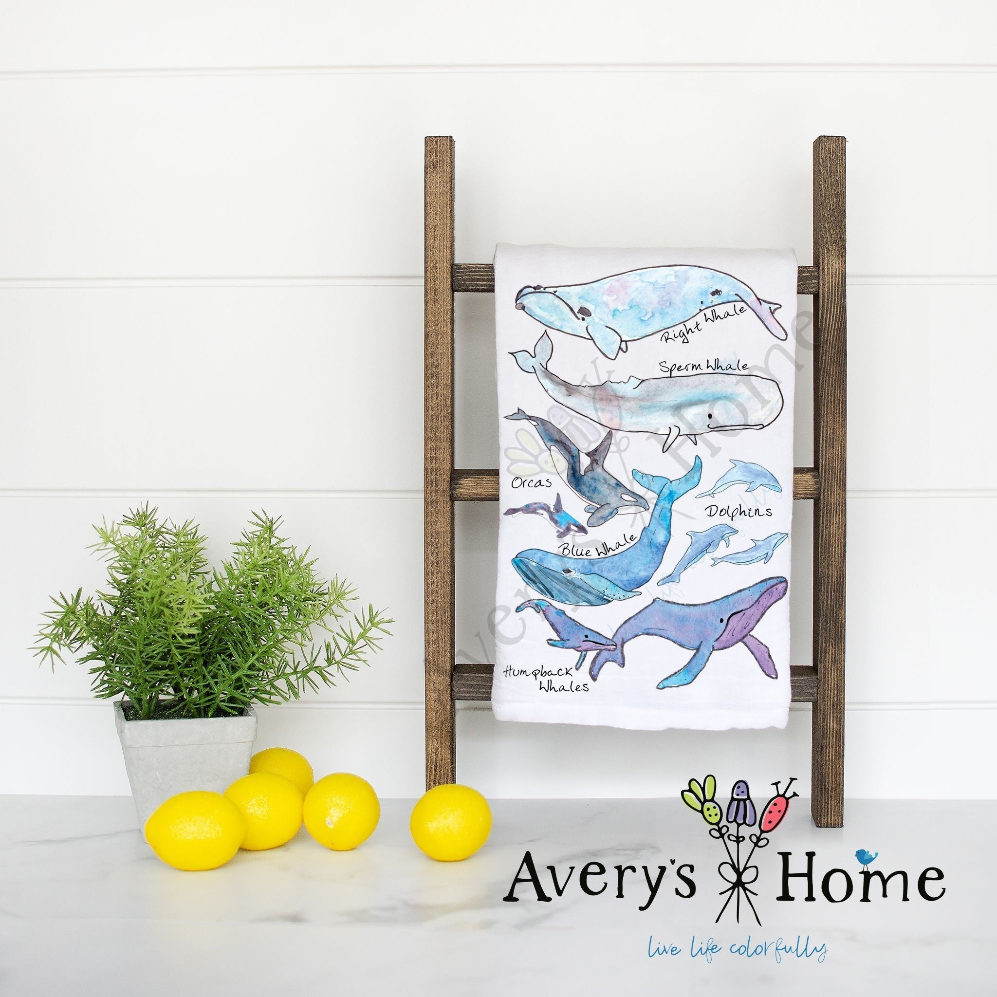 Whale Species flour sack dish towel, art by Avery Jackson