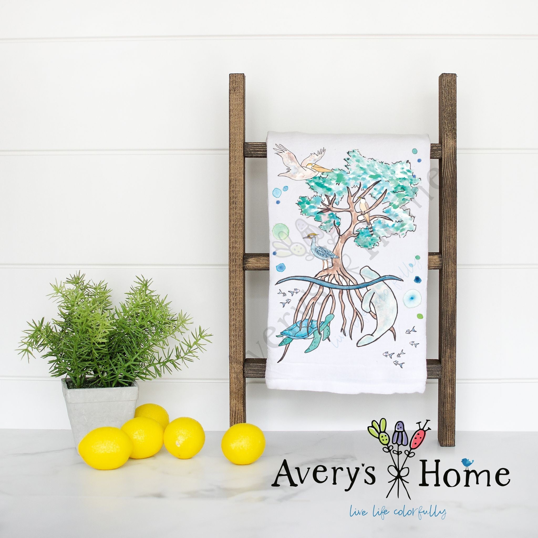 Mangrove Ecosystem flour sack dish towel, art by Avery Jackson