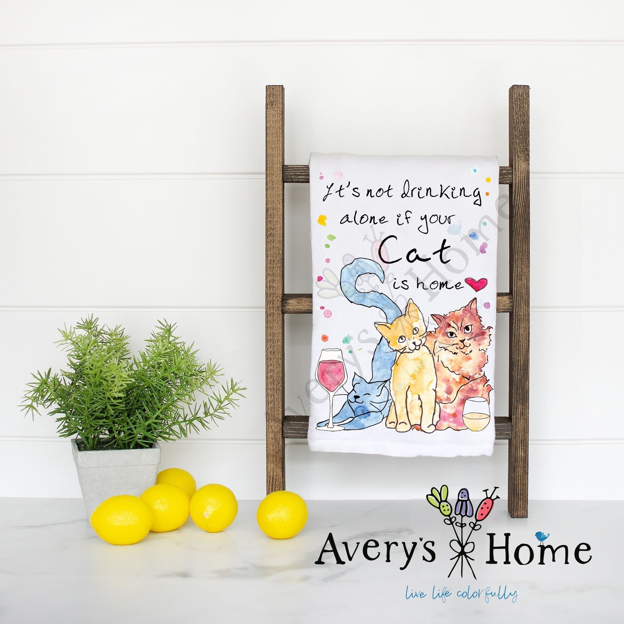 Cat Drinking Buddy flour sack dish towel, art by Avery Jackson