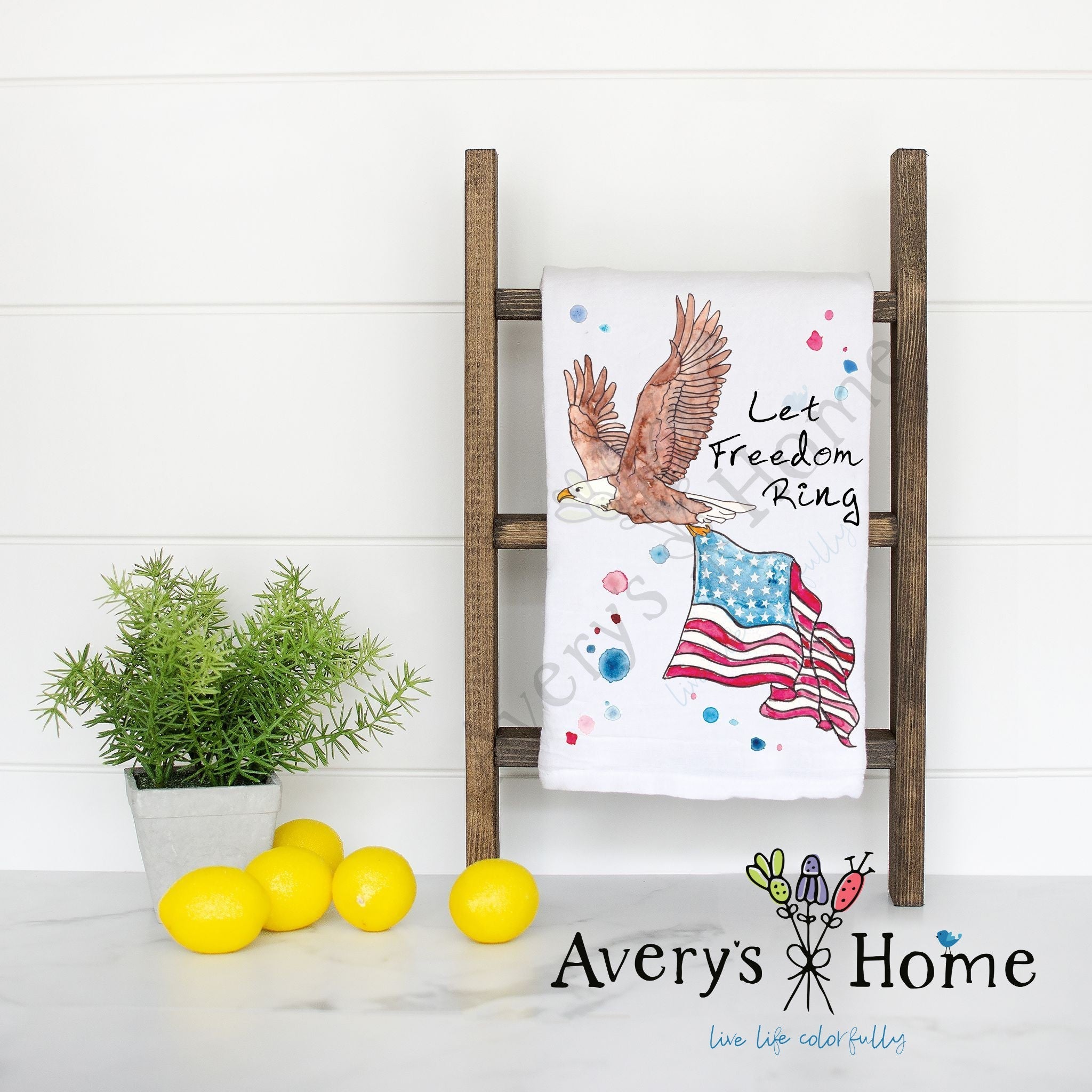 Let Freedom Ring flour sack dish towel, art by Avery Jackson