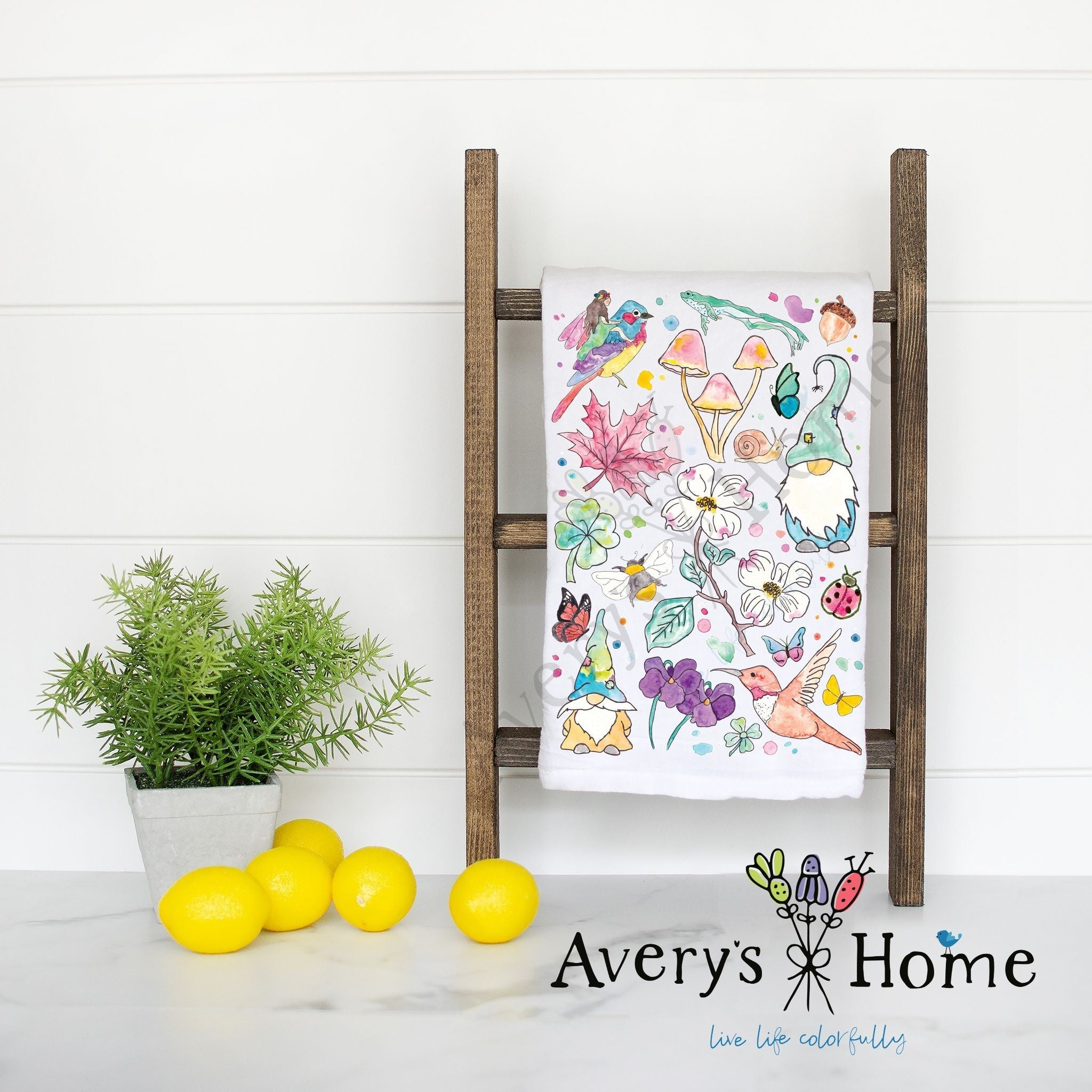 Garden Gnomes & Mushrooms flour sack dish towel, art by Avery Jackson