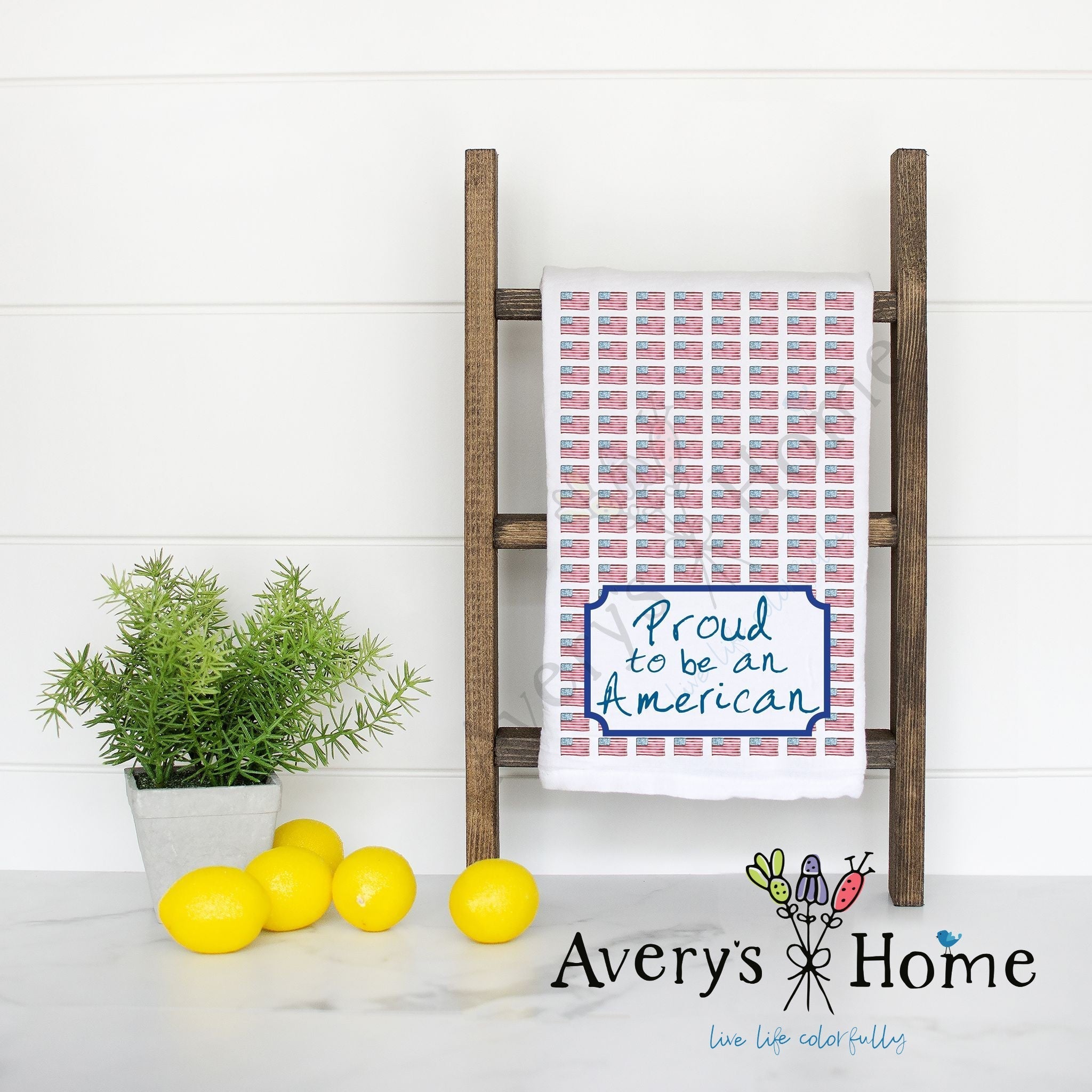 Proud to Be American flour sack dish towel, art by Avery Jackson