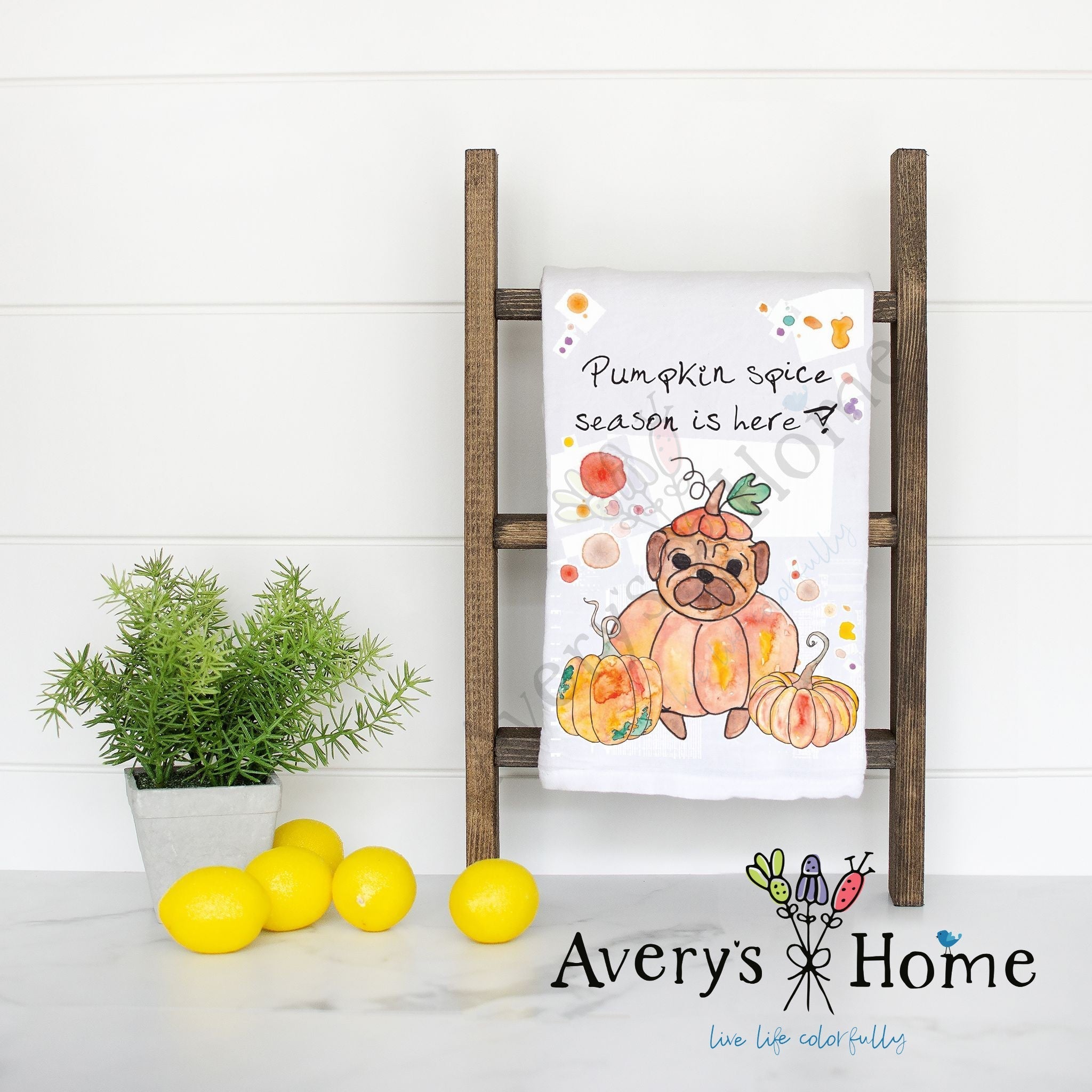 Pumpkin Spice Season flour sack dish towel, art by Avery Jackson