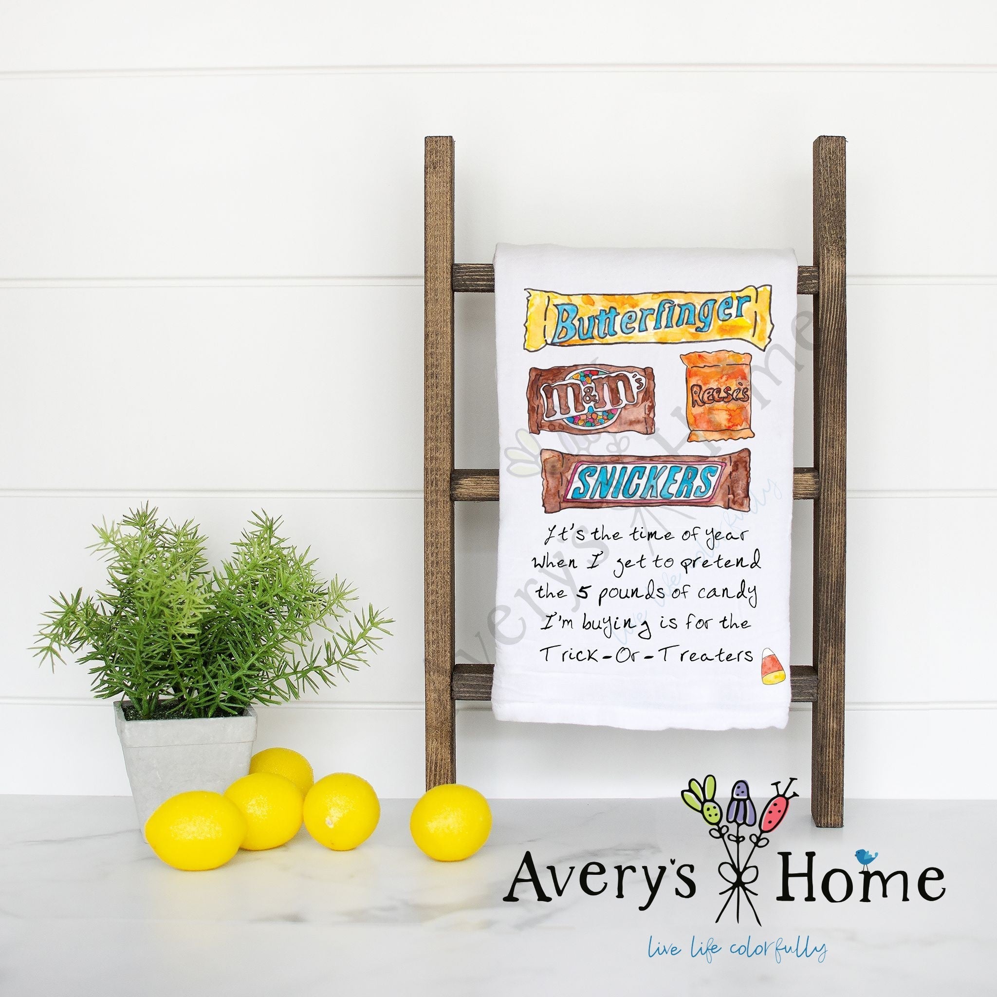 Candy for Halloween flour sack dish towel, art by Avery Jackson