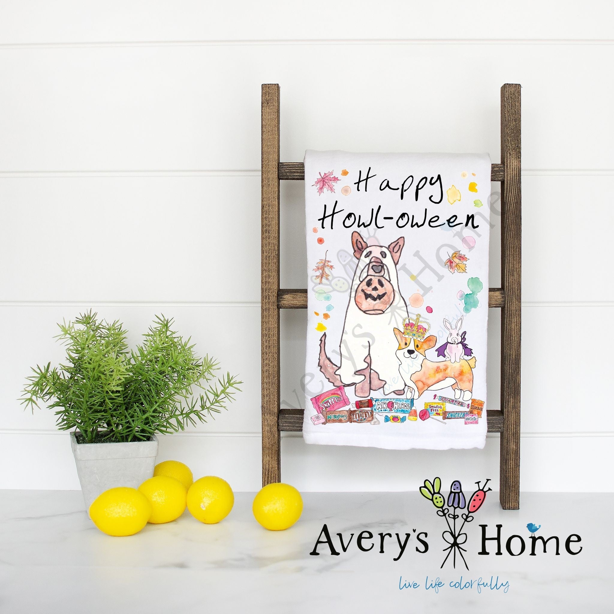 Happy Halloween with Dogs flour sack dish towel, art by Avery Jackson