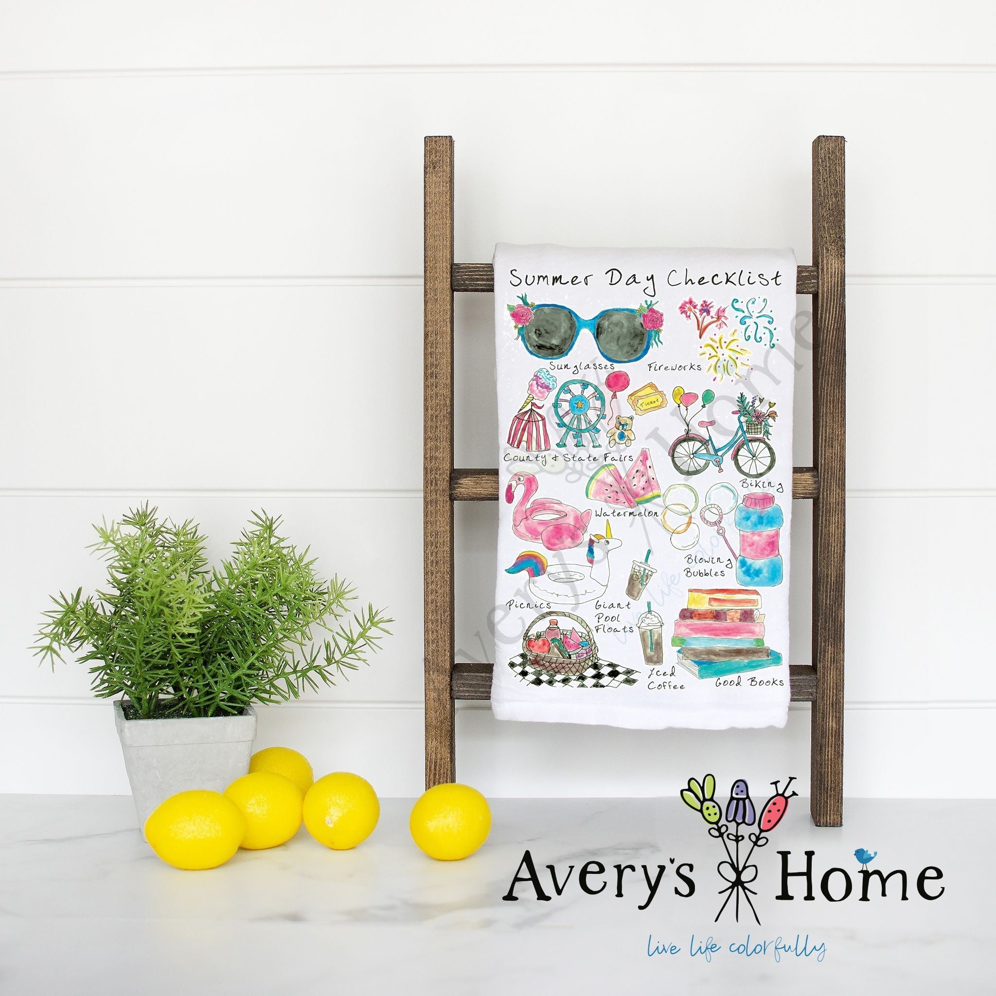 Summer Checklist flour sack dish towel, art by Avery Jackson