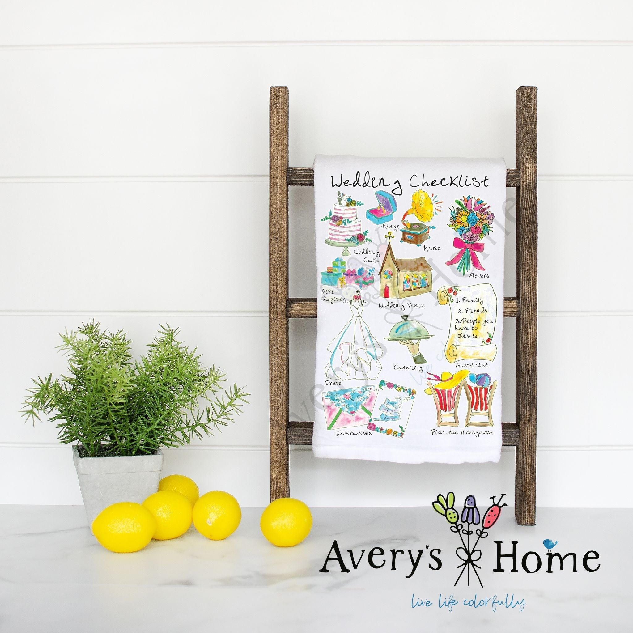 Wedding Checklist flour sack dish towel, art by Avery Jackson