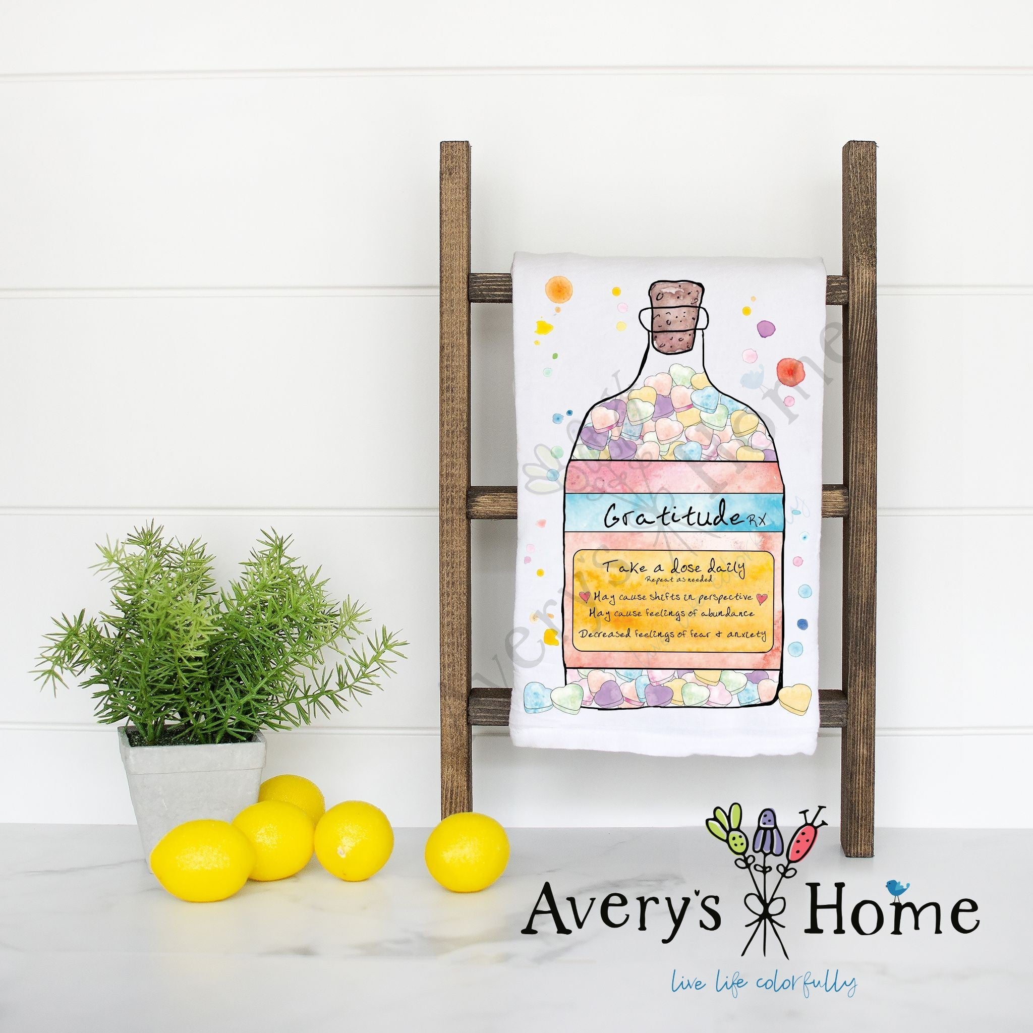 Gratitude In a Bottle flour sack dish towel, art by Avery Jackson