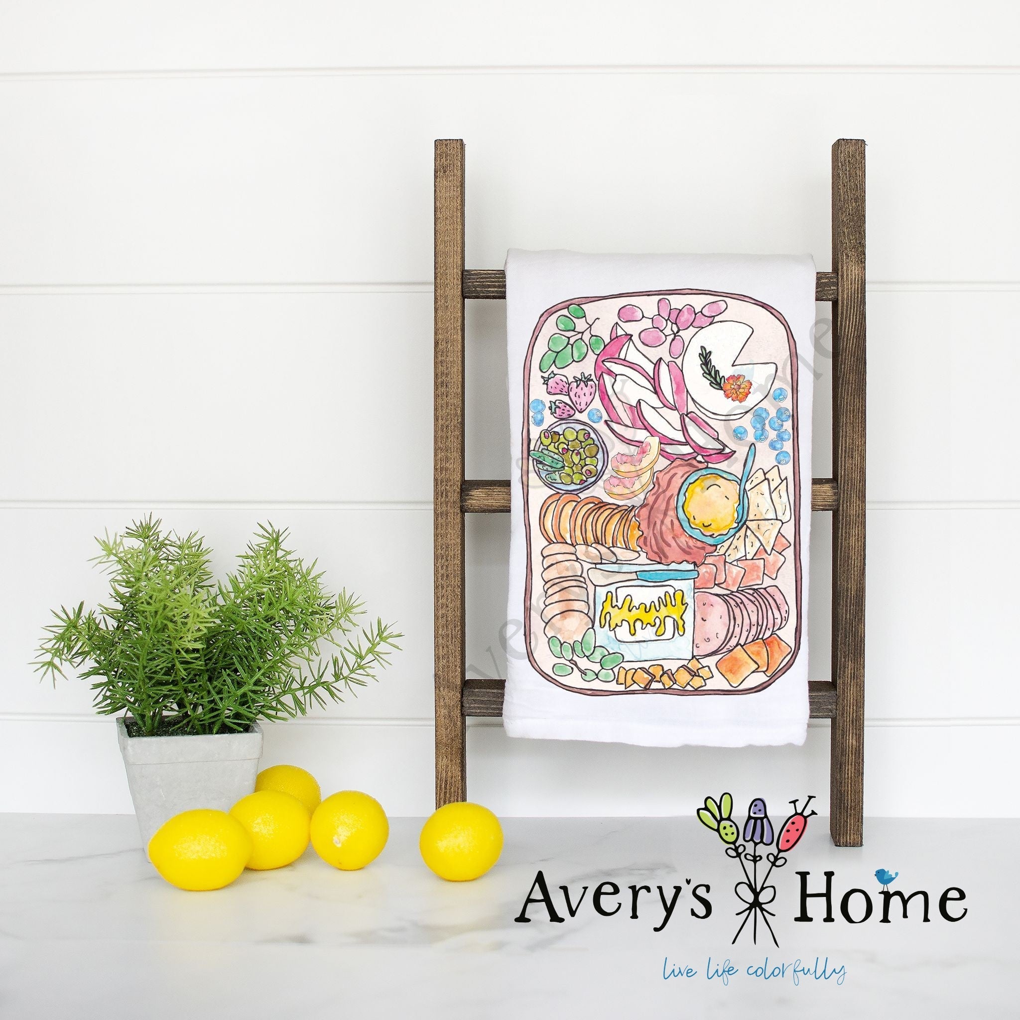 Charcuterie Cheese Board flour sack dish towel, art by Avery Jackson