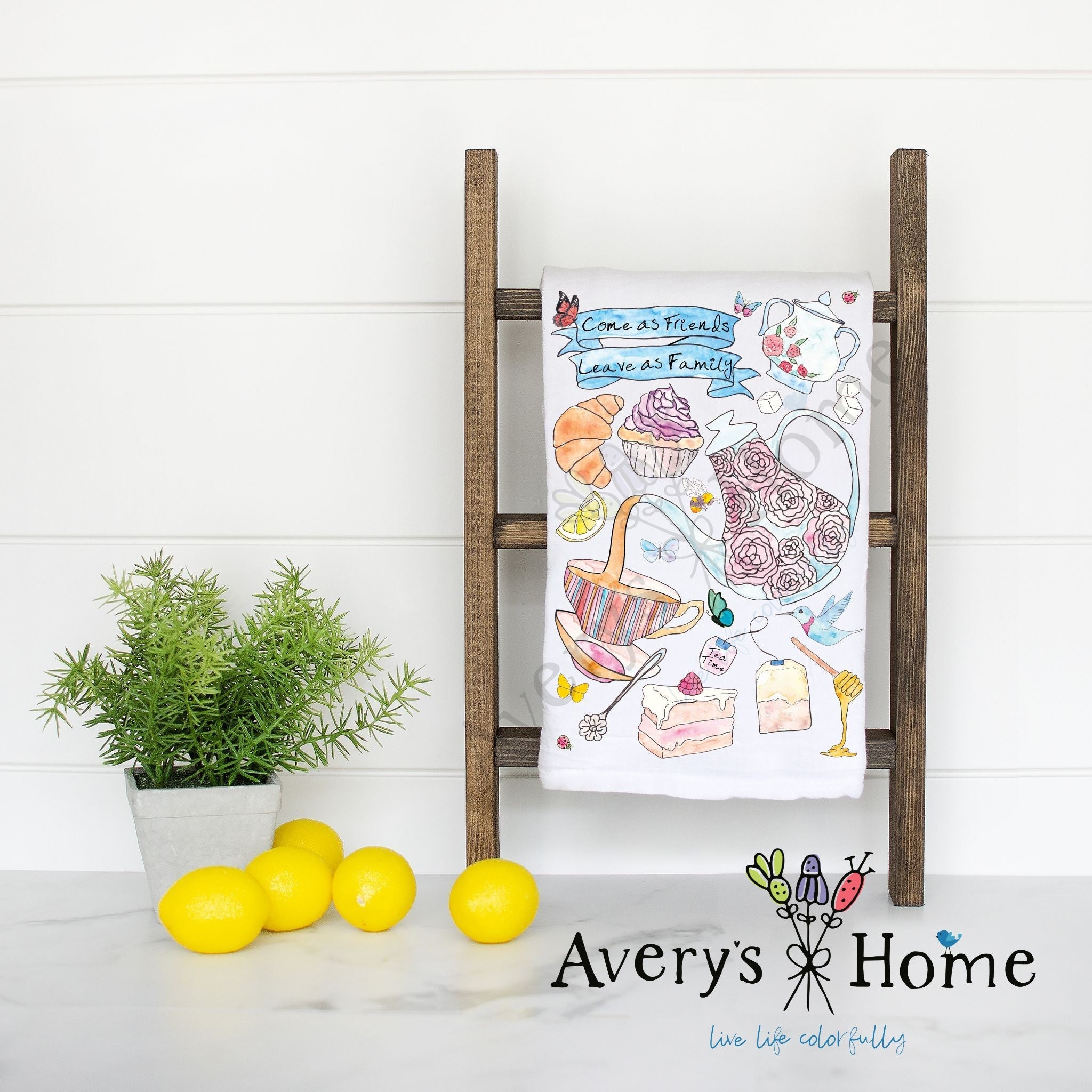 Come As Friends flour sack dish towel, art by Avery Jackson