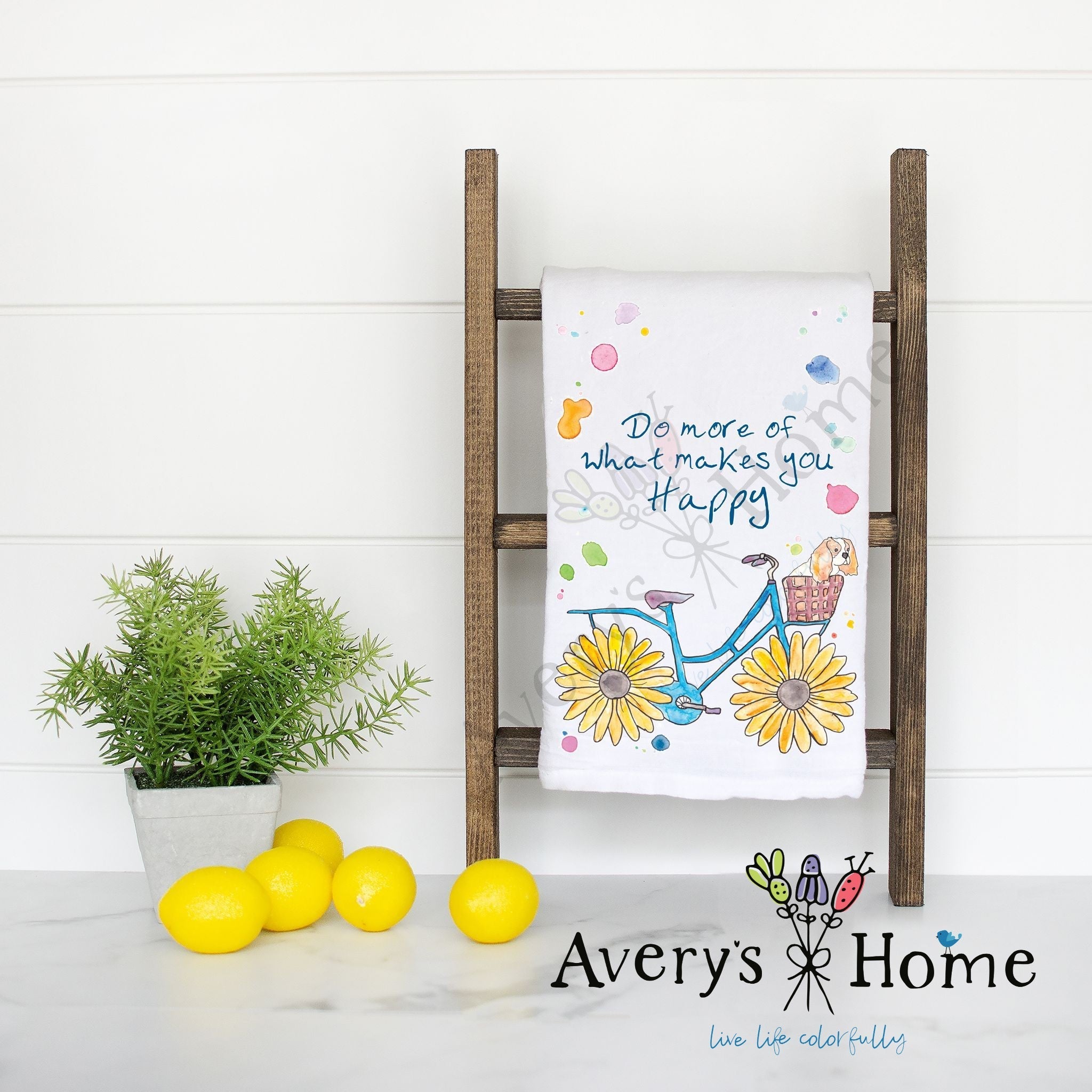Happy Flower Bicycle flour sack dish towel, art by Avery Jackson
