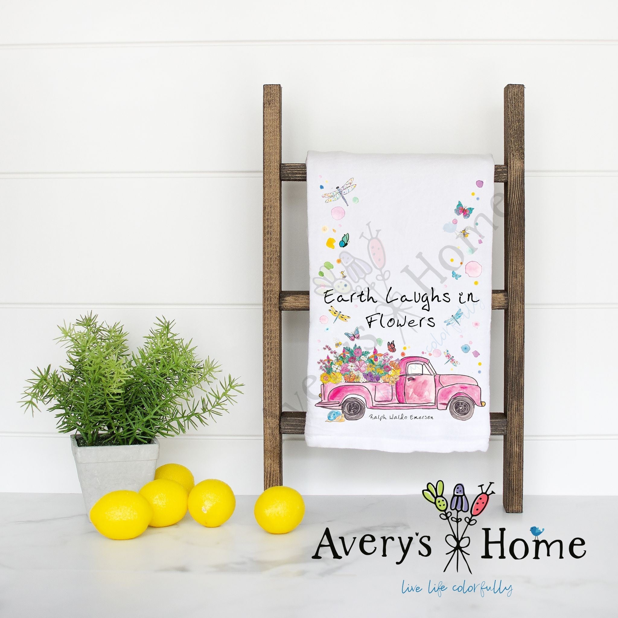 Earth Laughs in Flowers flour sack dish towel, art by Avery Jackson