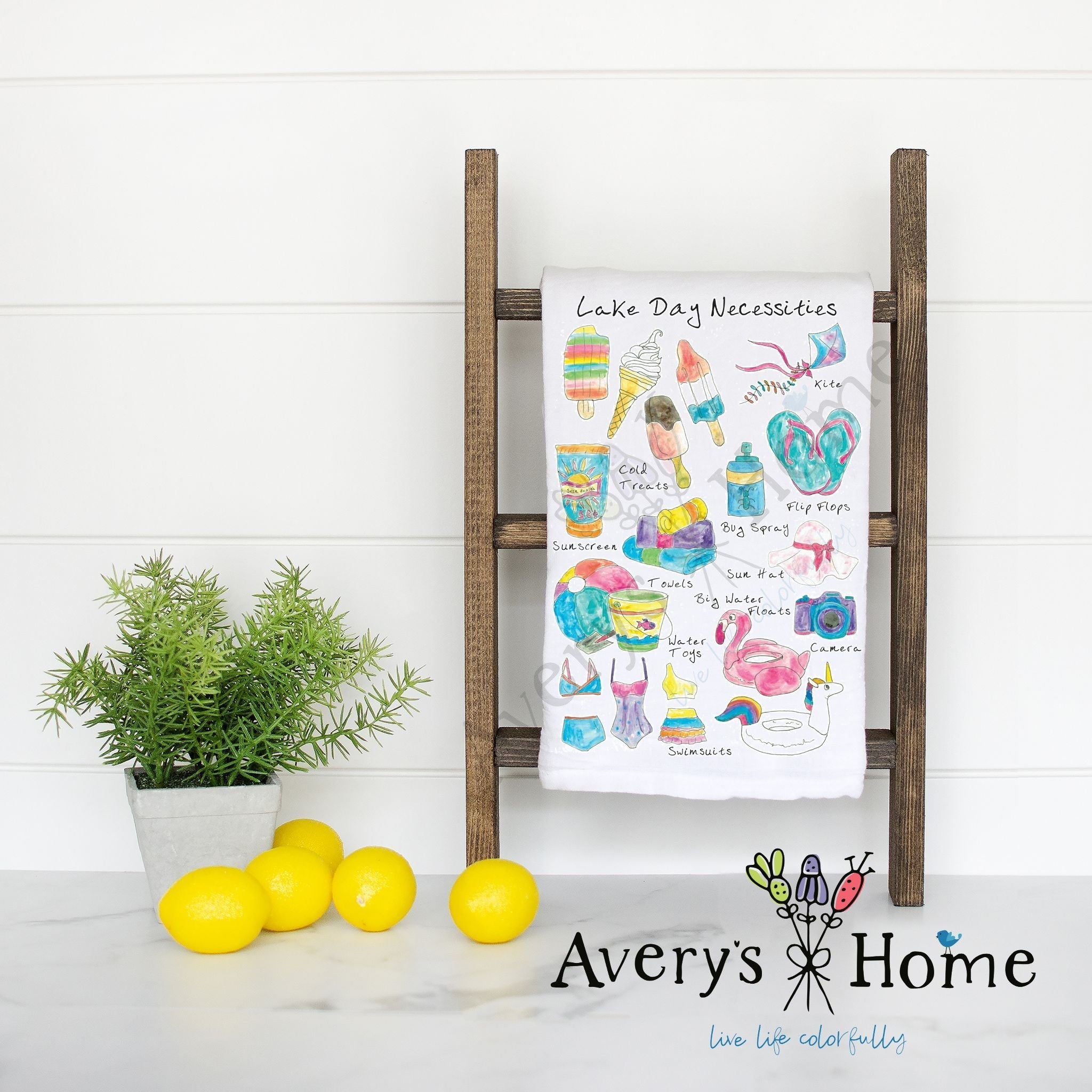 Lake Day Necessities flour sack dish towel, art by Avery Jackson