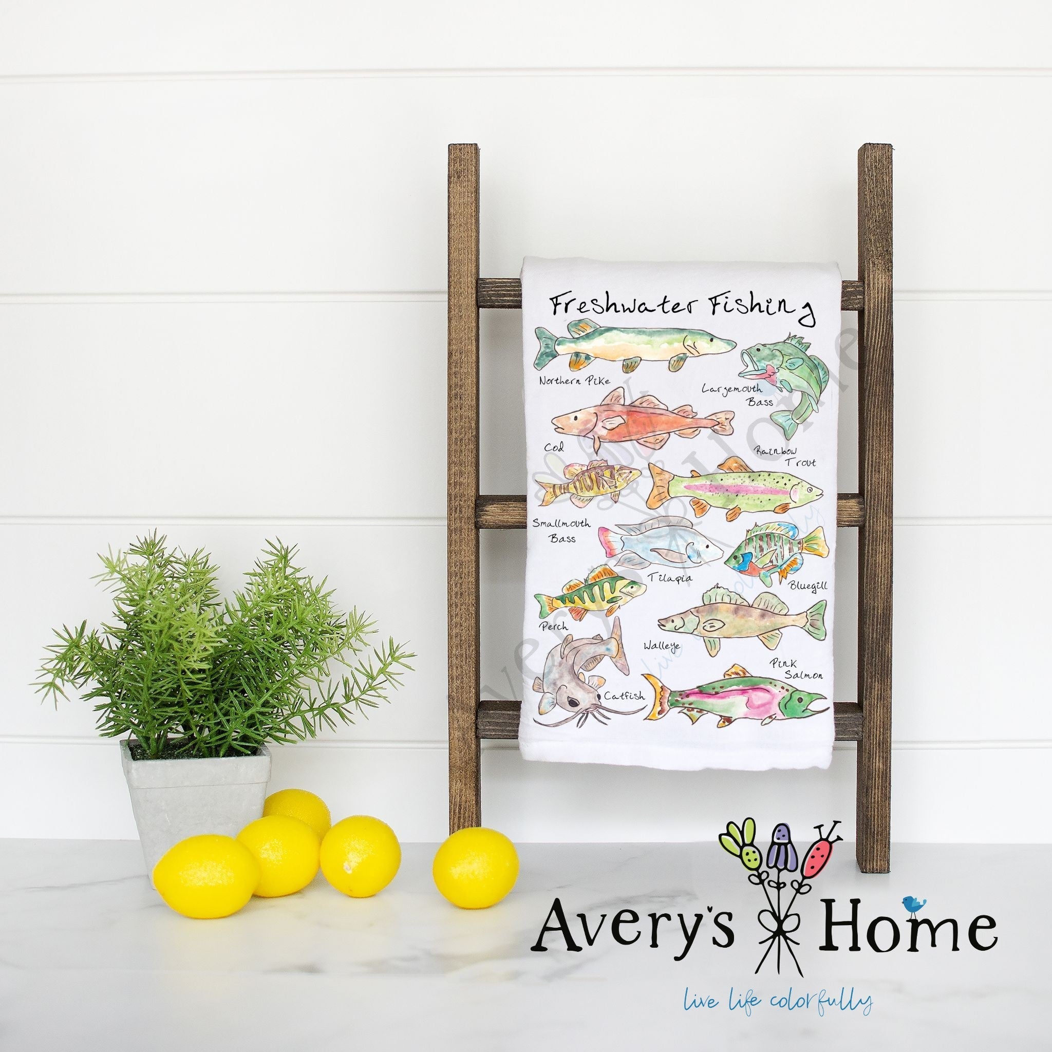 Freshwater Fishing flour sack dish towel, art by Avery Jackson