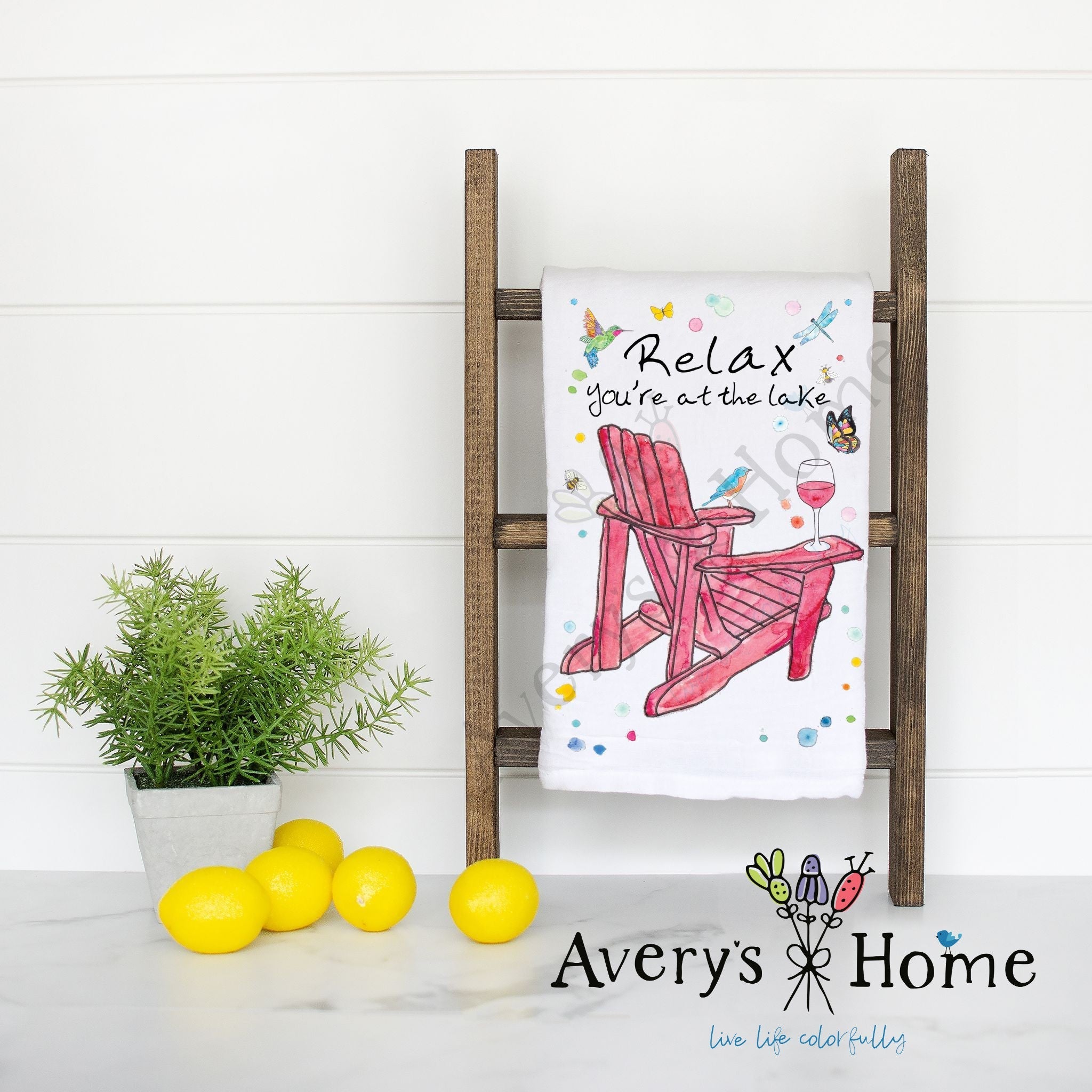 Relax at the Lake flour sack dish towel, art by Avery Jackson