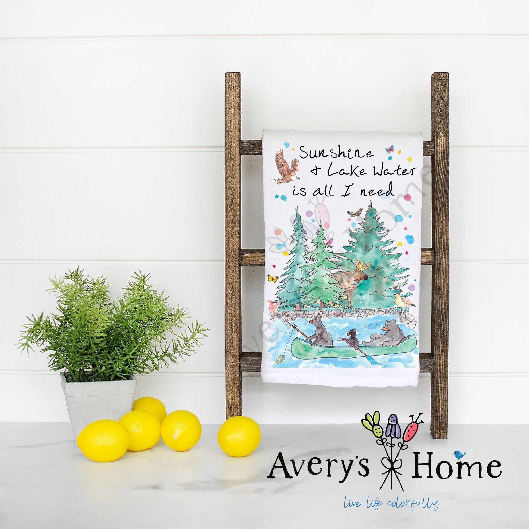 Sunshine and Lake Water flour sack dish towel, art by Avery Jackson