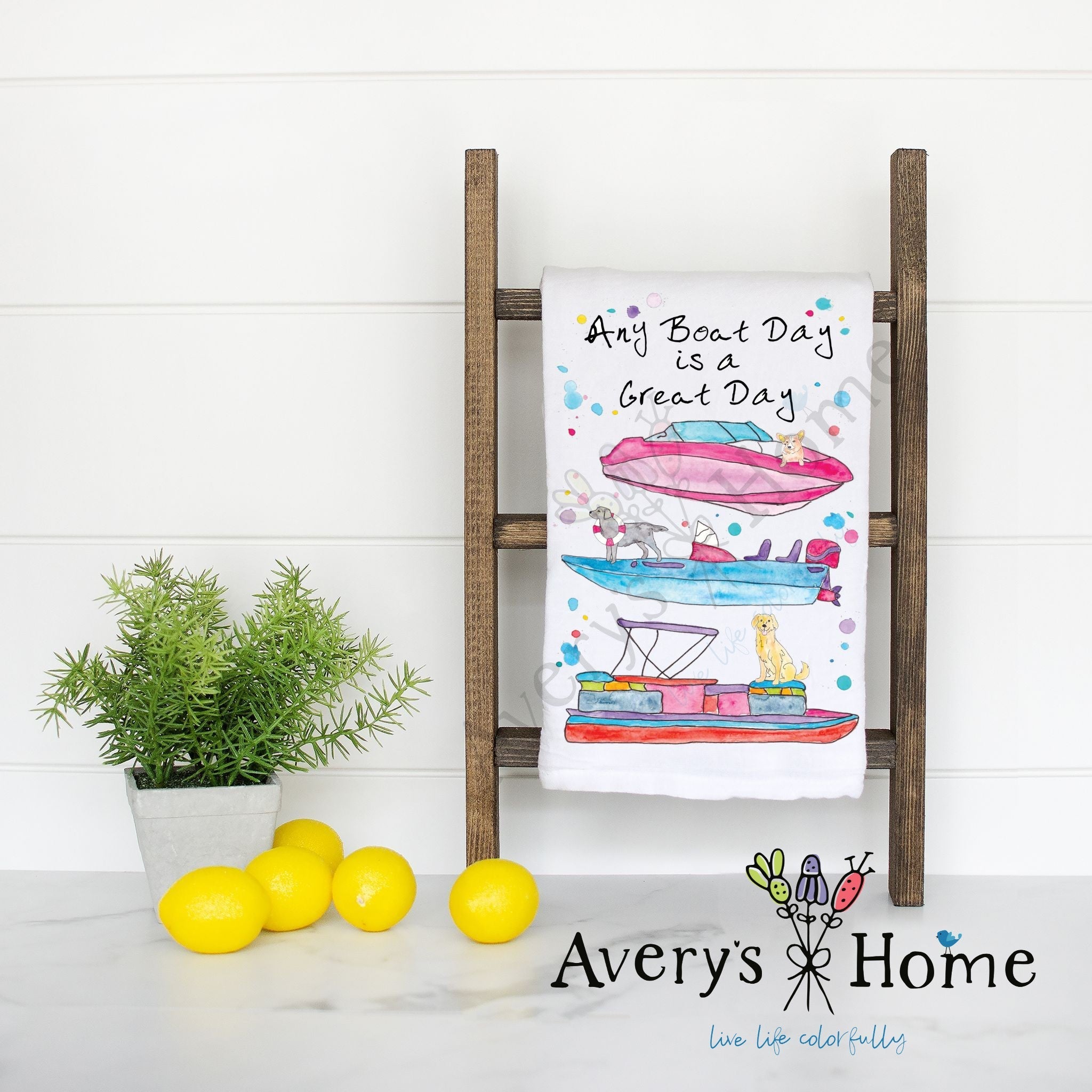 Any Boat Day flour sack dish towel, art by Avery Jackson