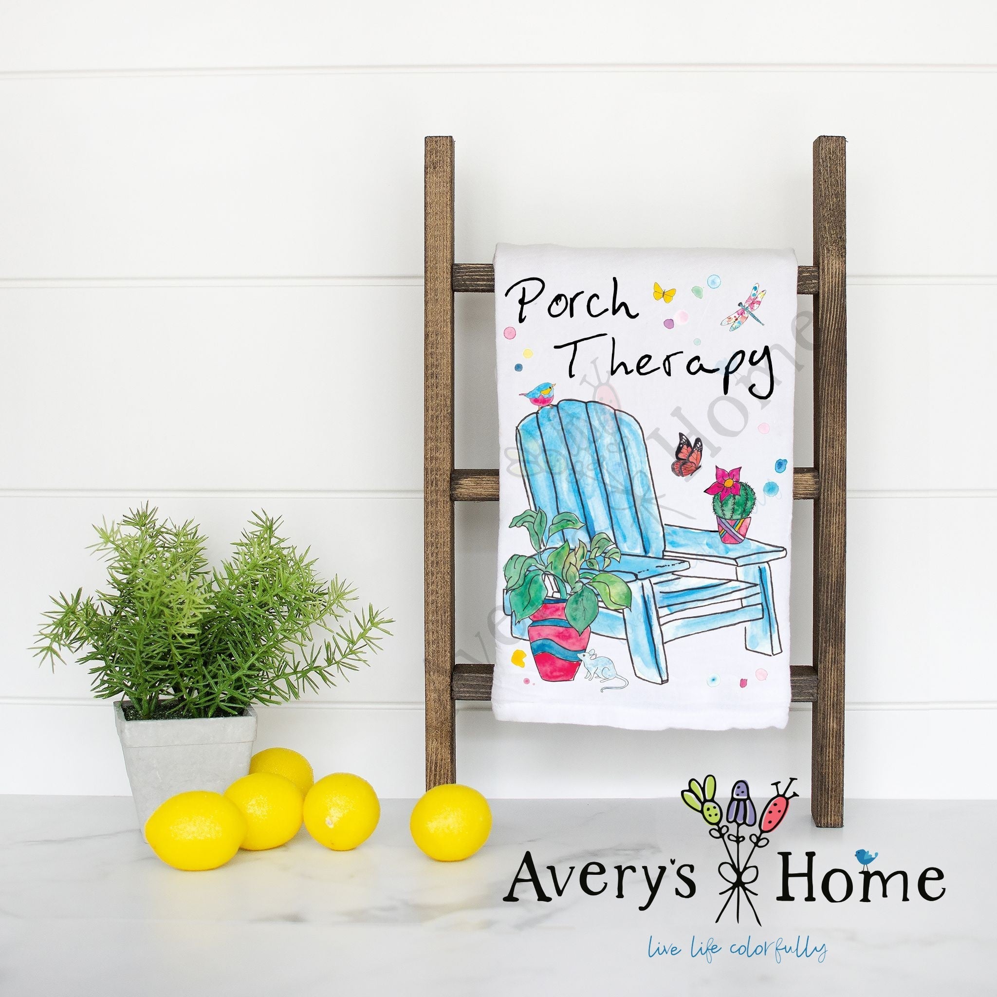 Porch Therapy with Plants flour sack dish towel, art by Avery Jackson