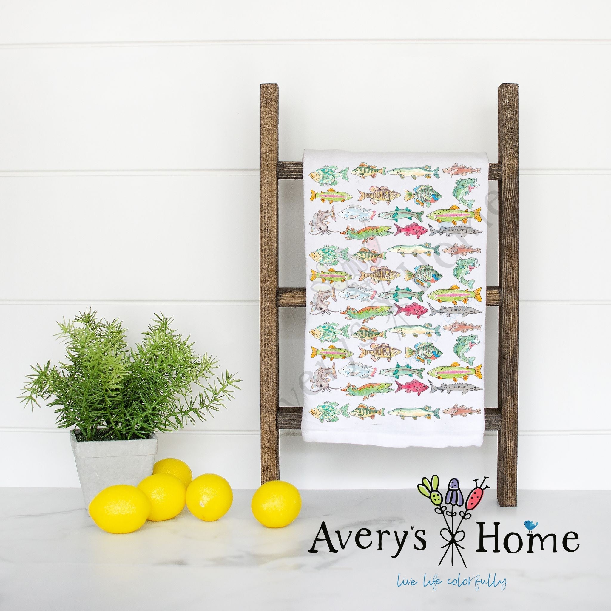 Lake Fish Pattern flour sack dish towel, art by Avery Jackson
