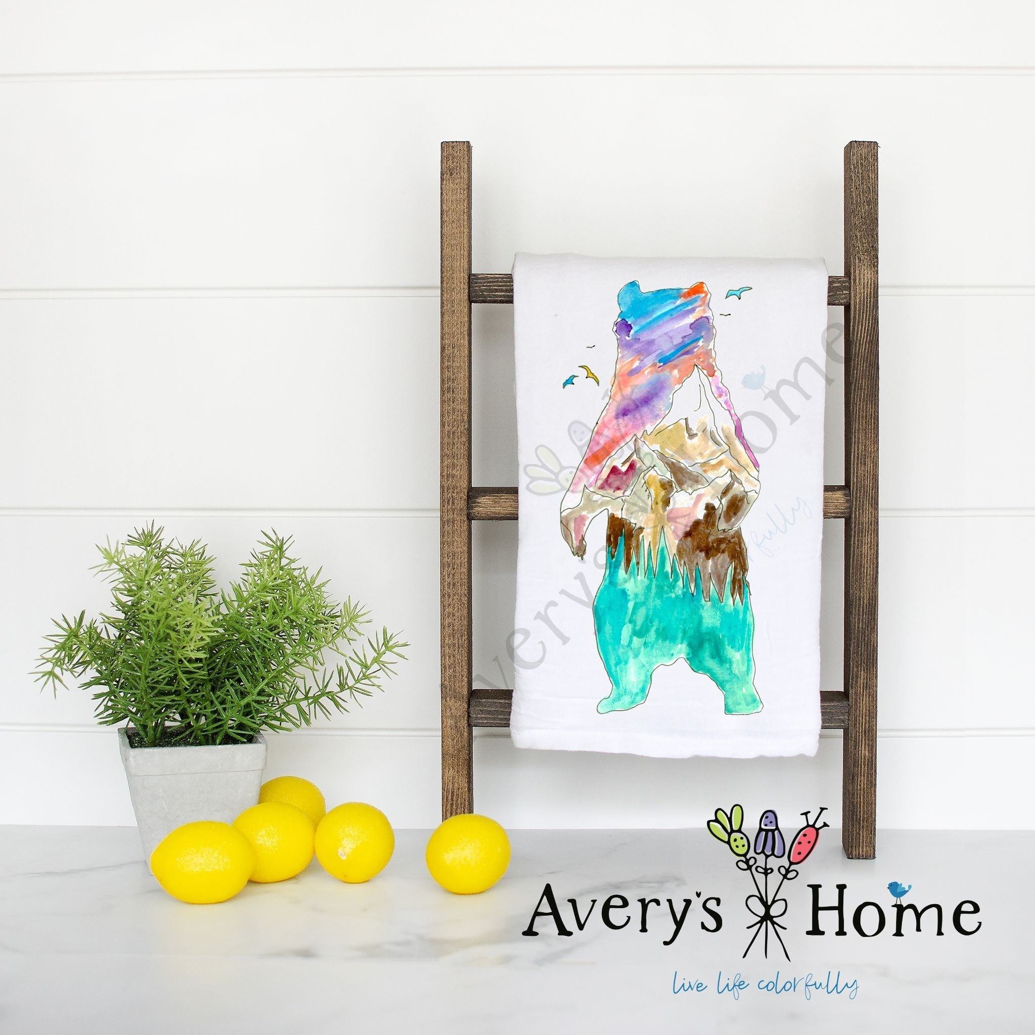 Mountain Bear flour sack dish towel, art by Avery Jackson
