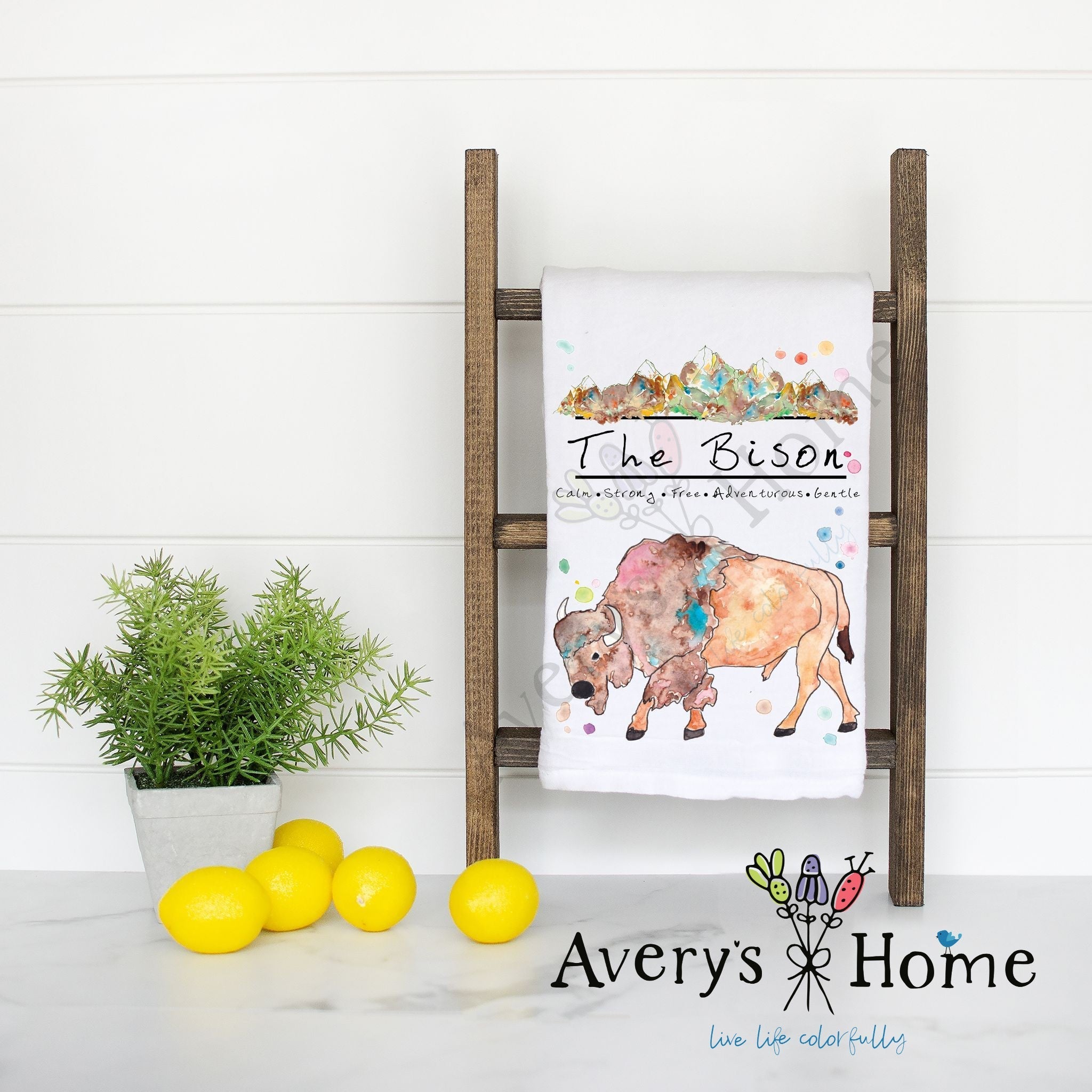 Mountain Bison flour sack dish towel, art by Avery Jackson