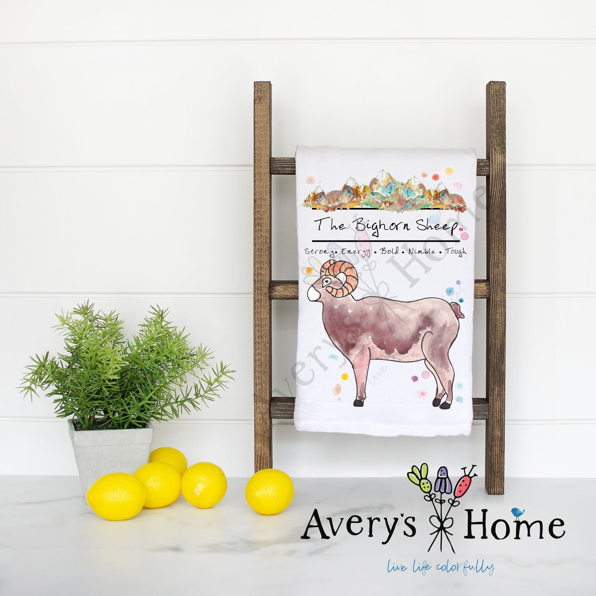 Mountain Bighorn Sheep flour sack dish towel, art by Avery Jackson
