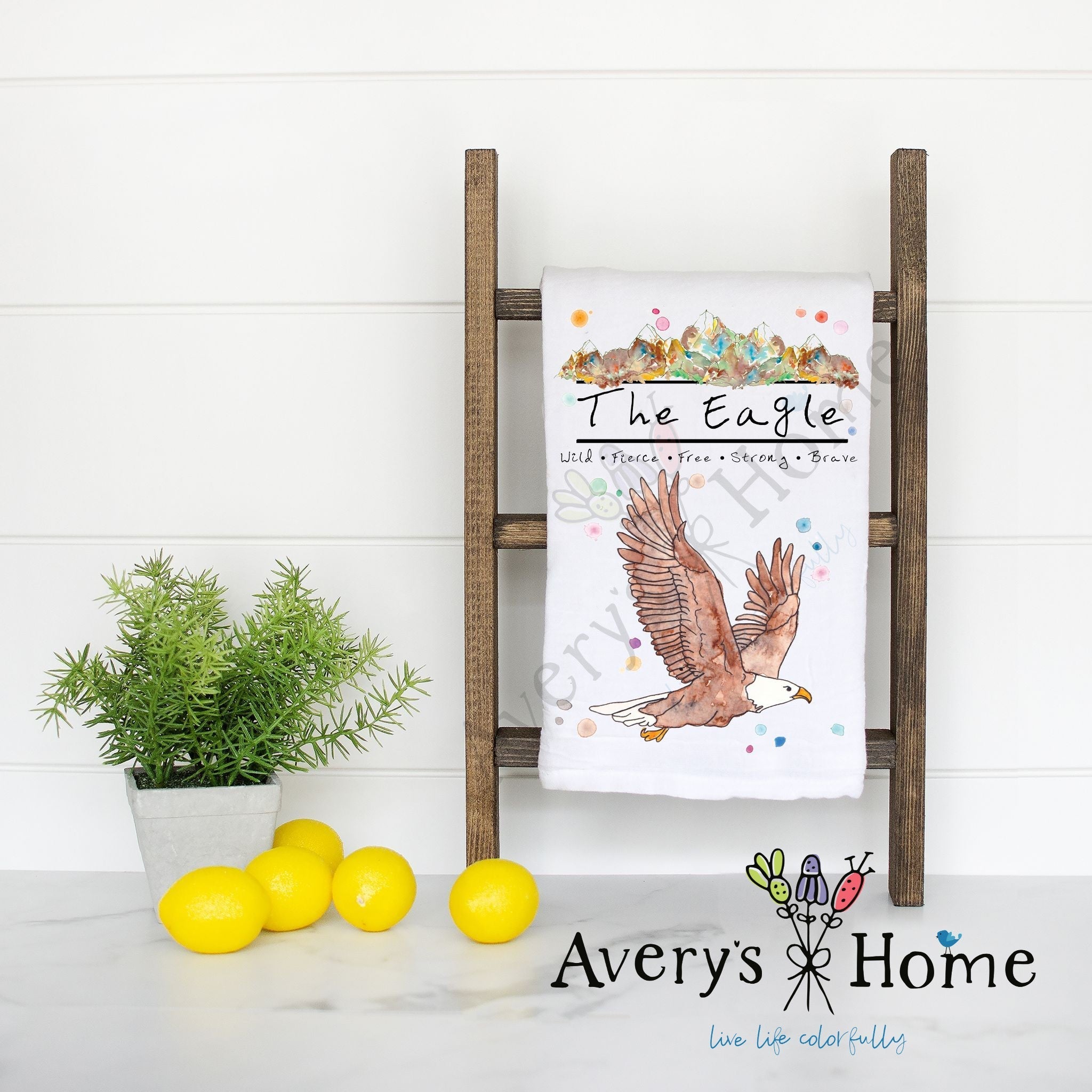 Mountain Bald Eagle flour sack dish towel, art by Avery Jackson