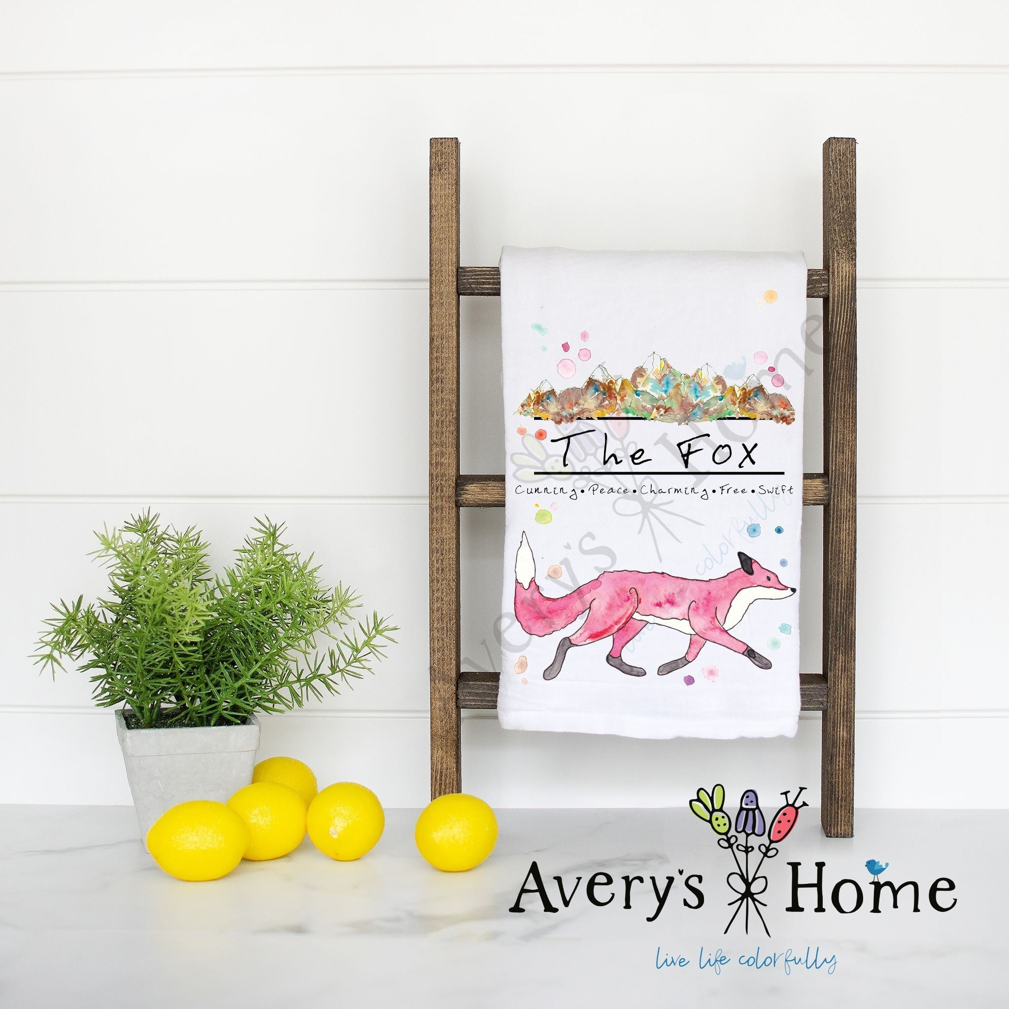 Mountain Fox flour sack dish towel, art by Avery Jackson