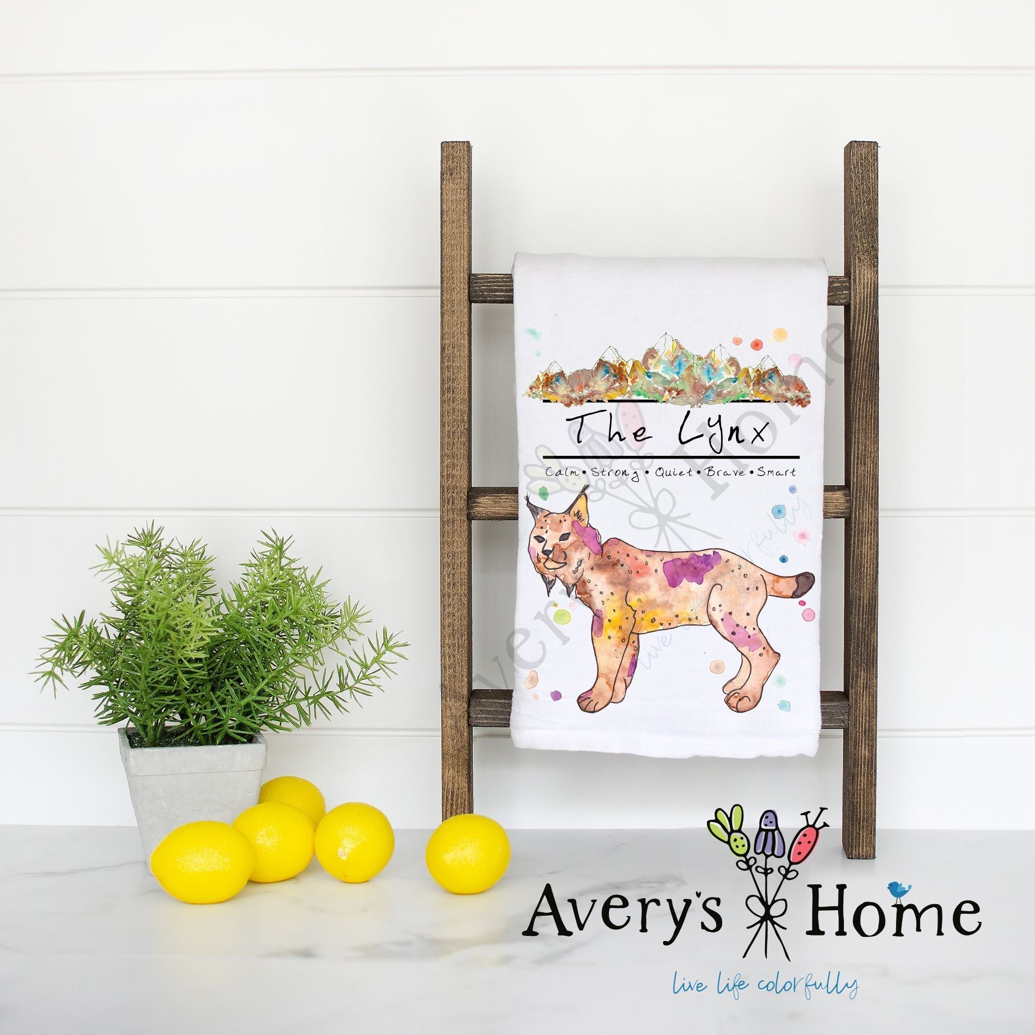 Mountain Lynx flour sack dish towel, art by Avery Jackson
